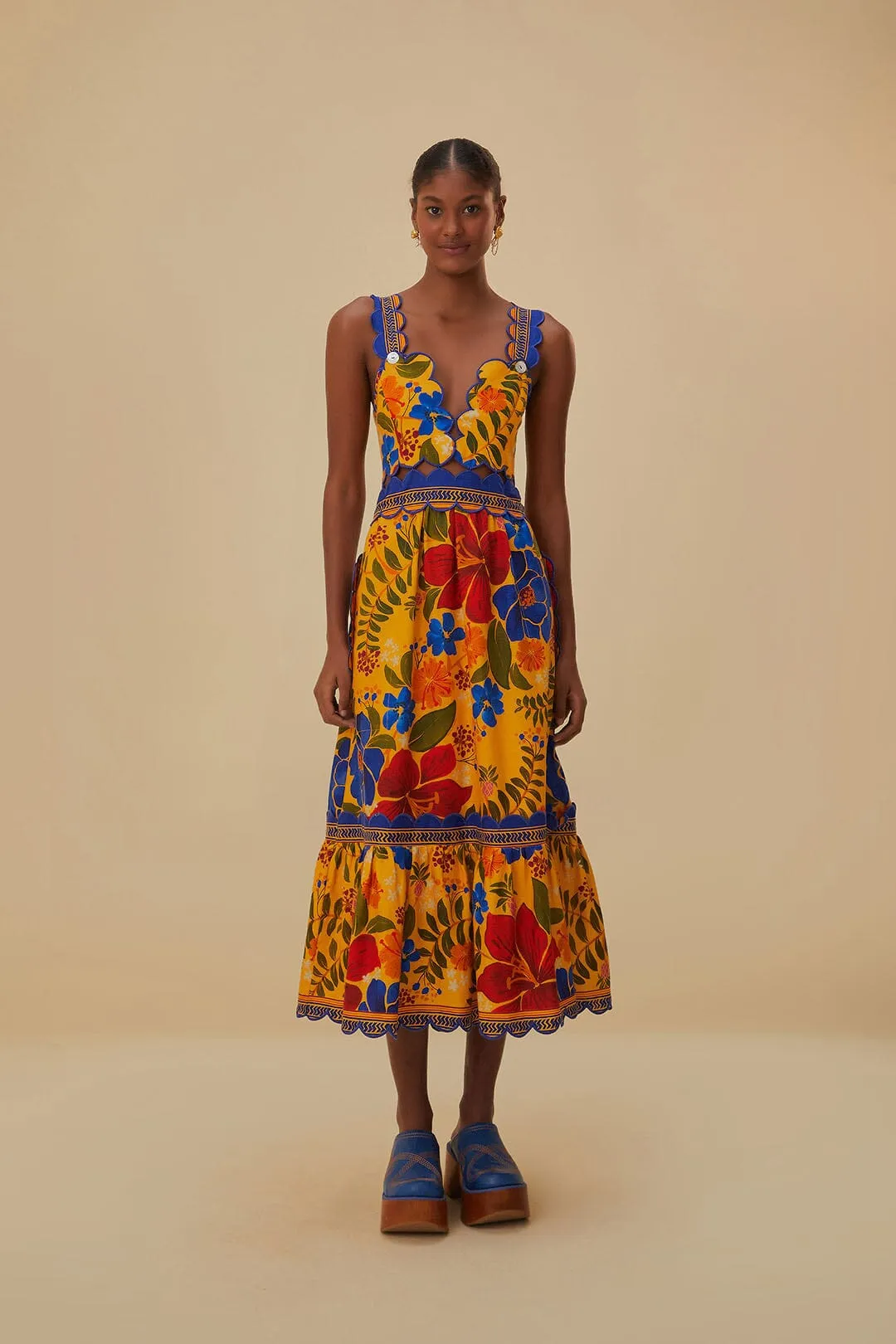 Music Hall Chic Ease Yellow Floral Yard Lenzing? Ecovero? Euroflax? Midi Dress