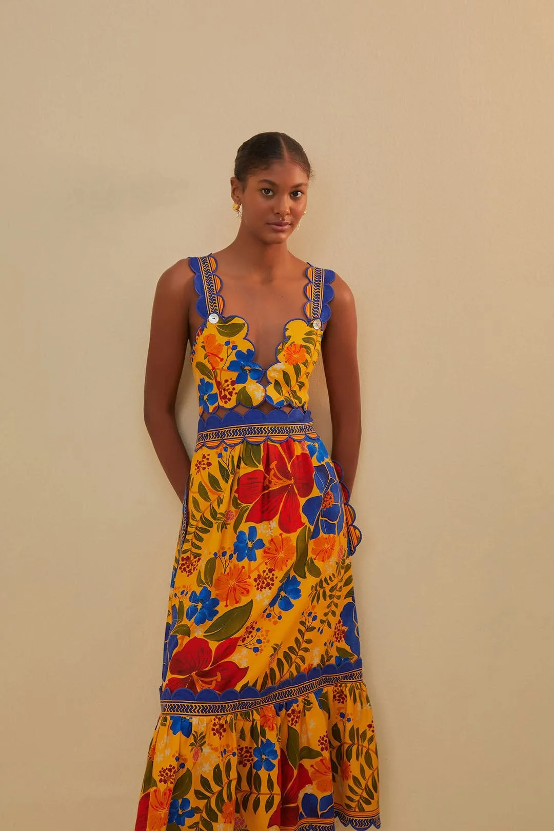 Yellow Floral Yard Lenzing? Ecovero? Euroflax? Midi Dress Trendy Fashion