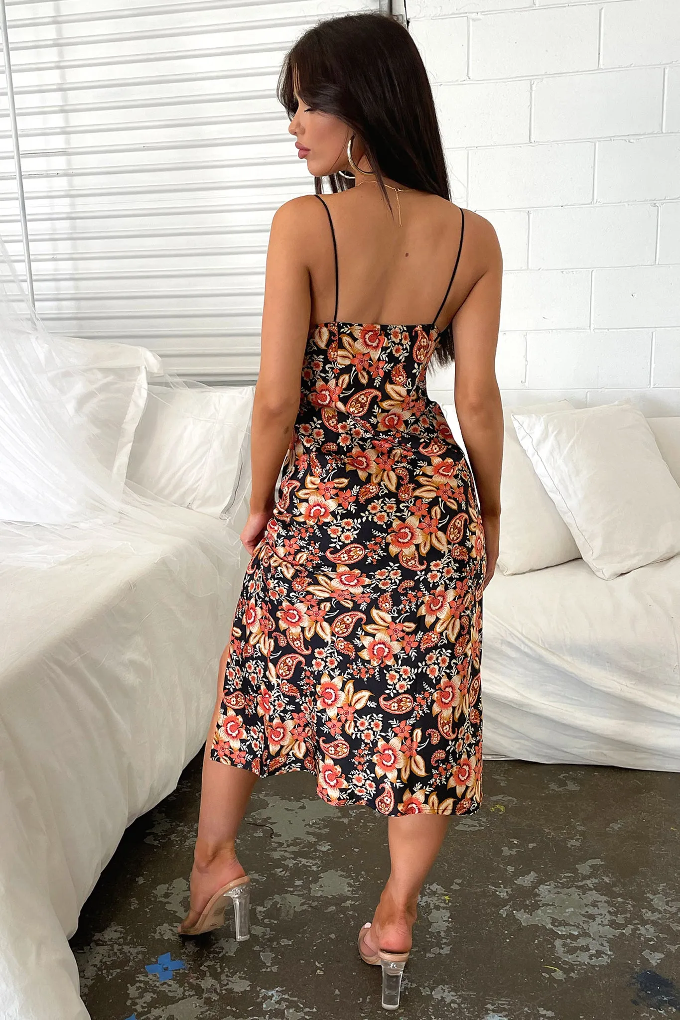 Valley Path Jennifer Satin Midi Dress - Black Floral