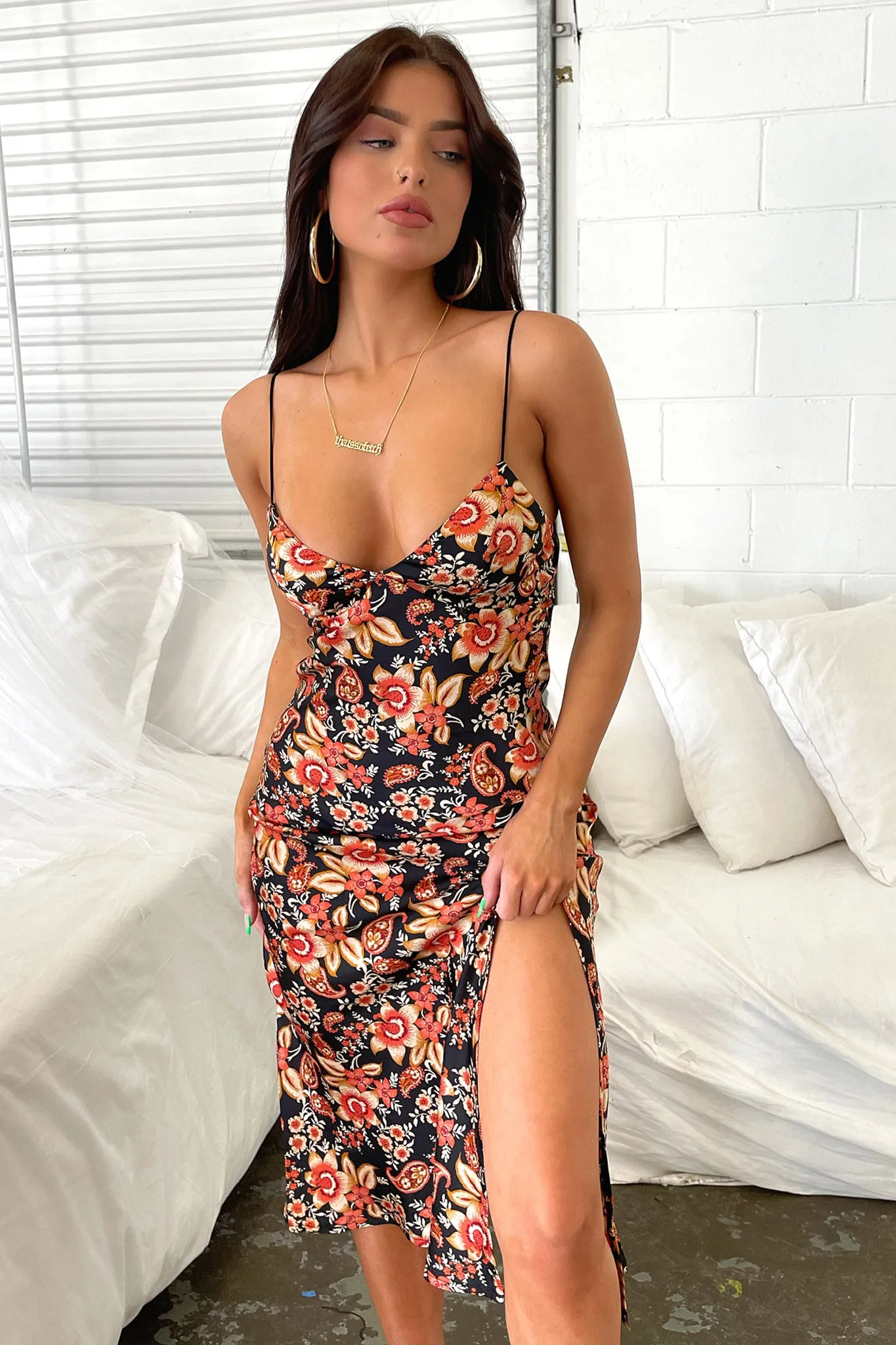 Tram Ride Easy Travel Jennifer Satin Midi Dress - Black Floral