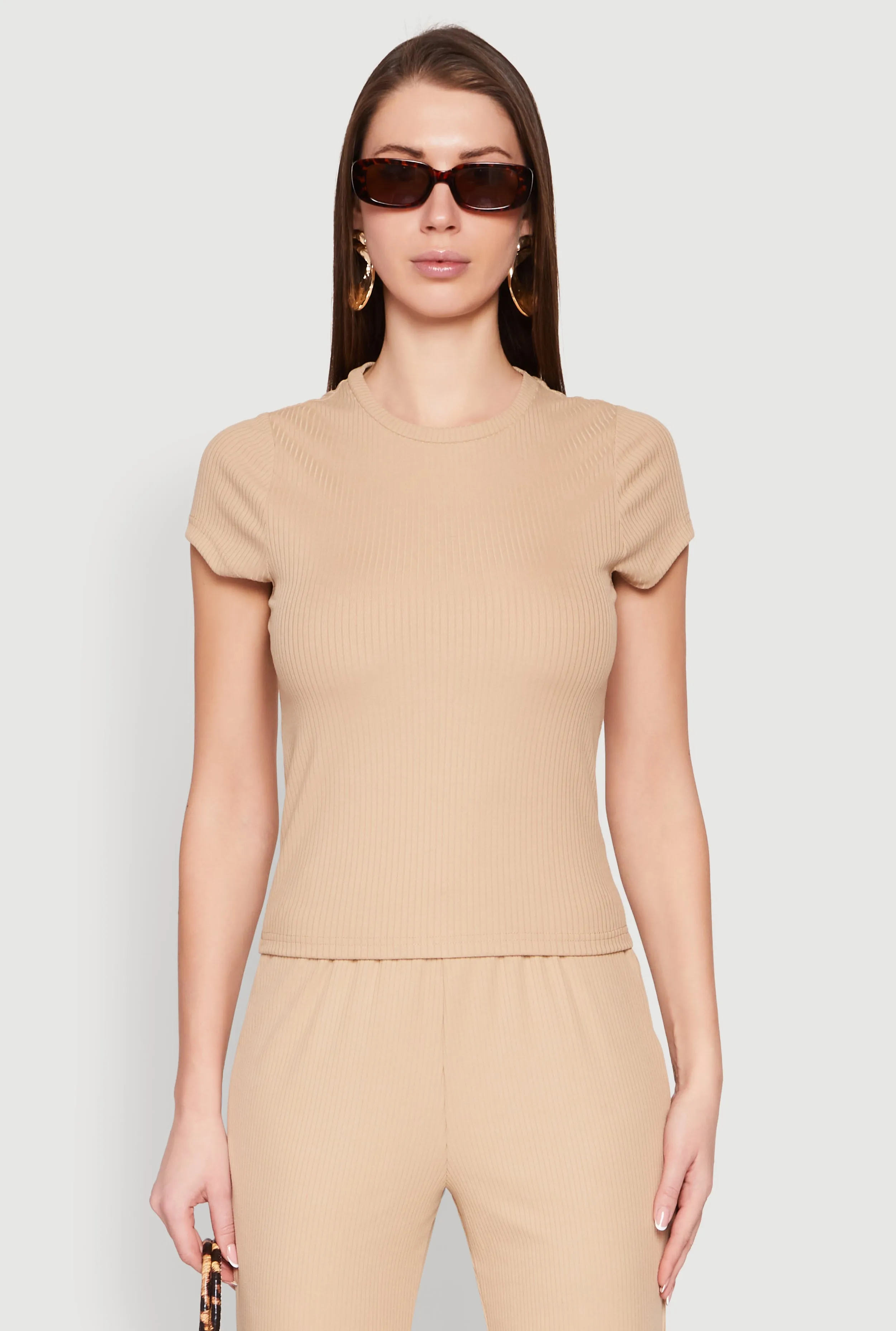 cotton material Ribbed Knit Short Sleeve Tee