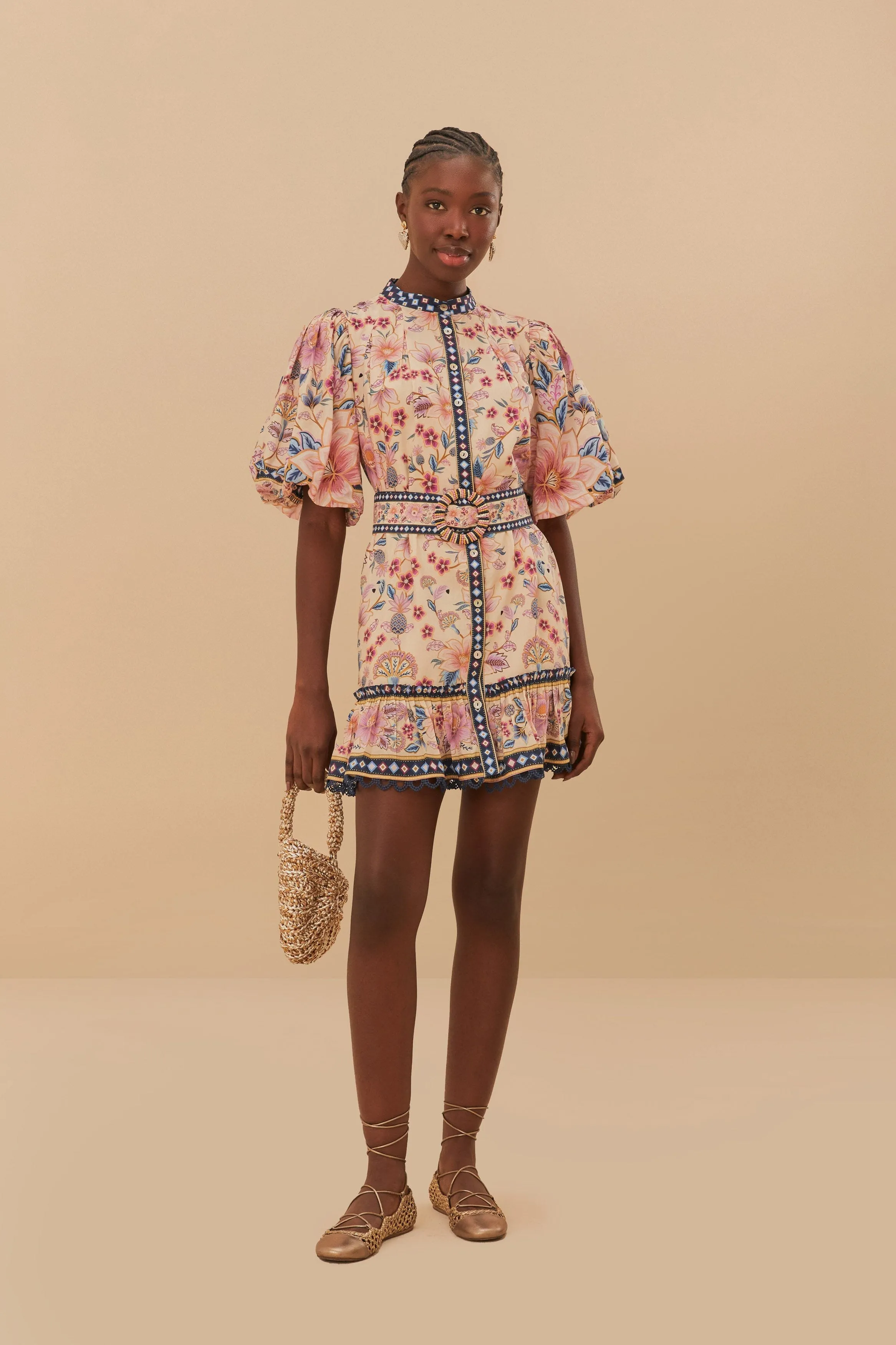 Model Off Day Out Cream Superbloom Tapestry Puff Sleeve Mini Dress