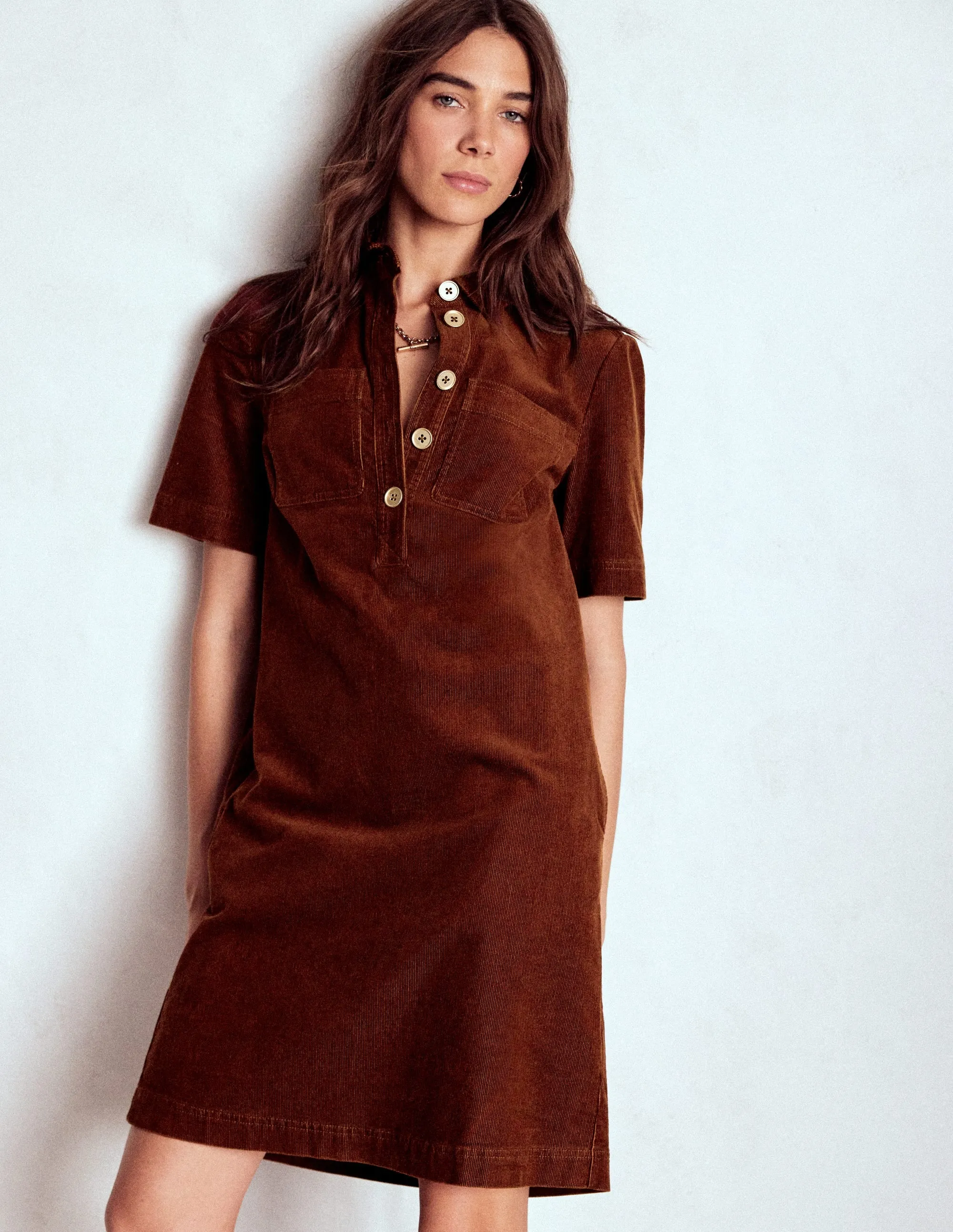 Body Hug Zia Cord Pocket Shirt Dress-Copper Brown