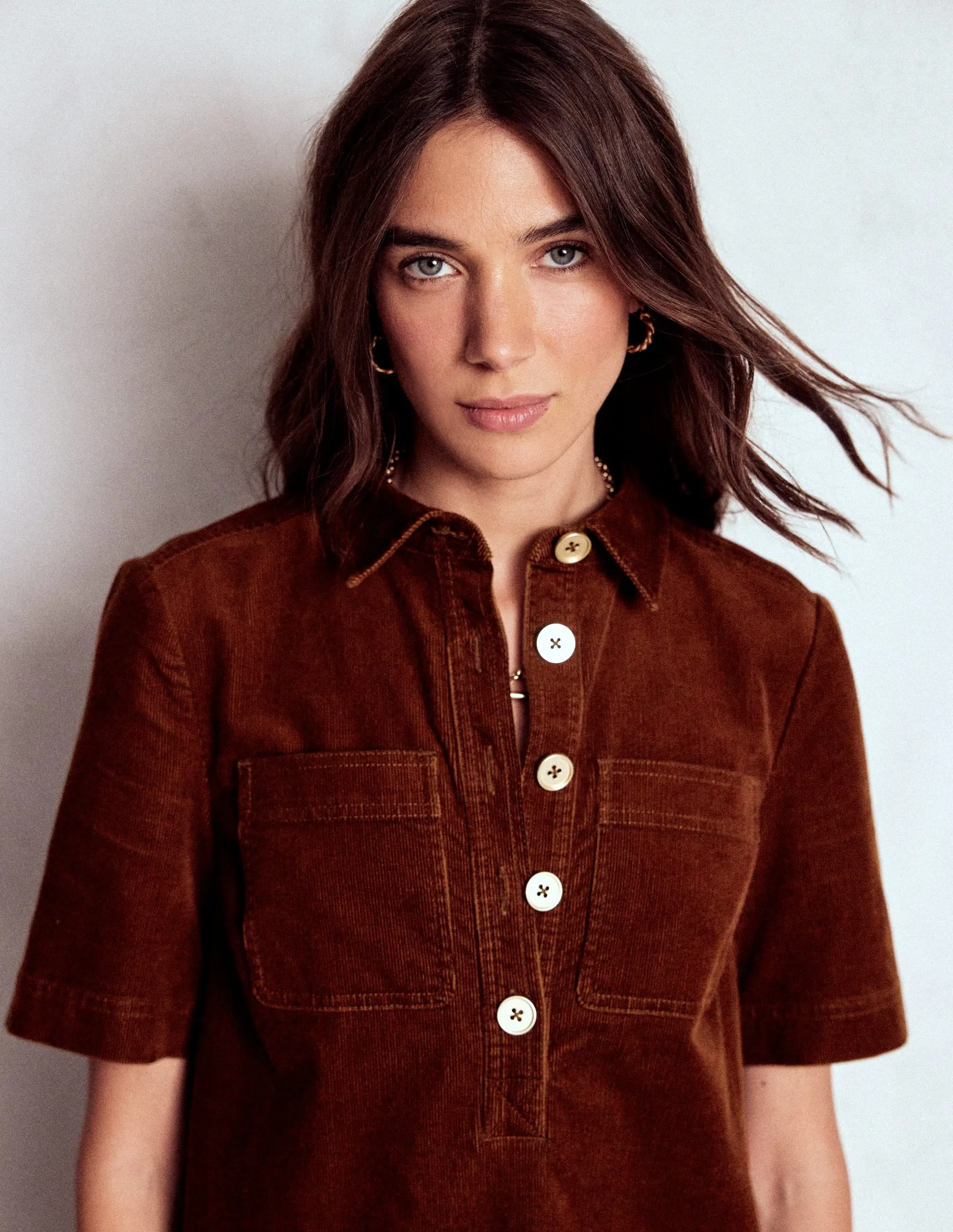 Chic Layer Zia Cord Pocket Shirt Dress-Copper Brown
