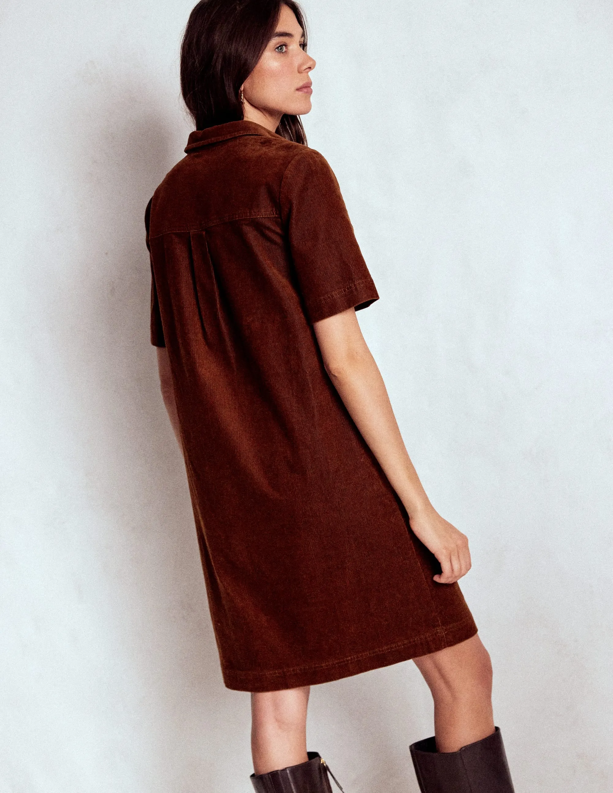 Zia Cord Pocket Shirt Dress-Copper Brown Sleek Silhouette