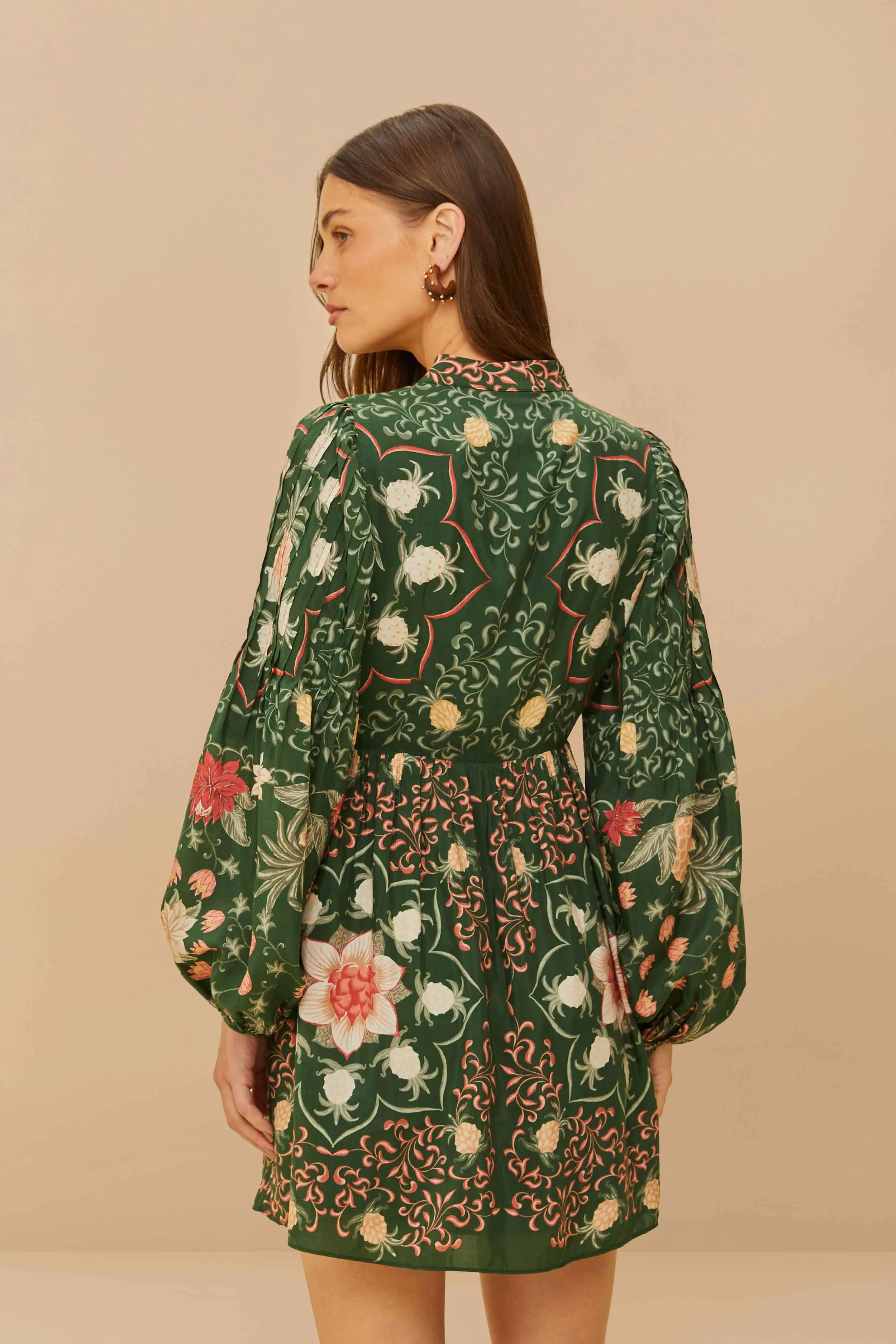 Flattering Cut Temperature Regulating Green Pineapple Garden Long Sleeve Mini Dress