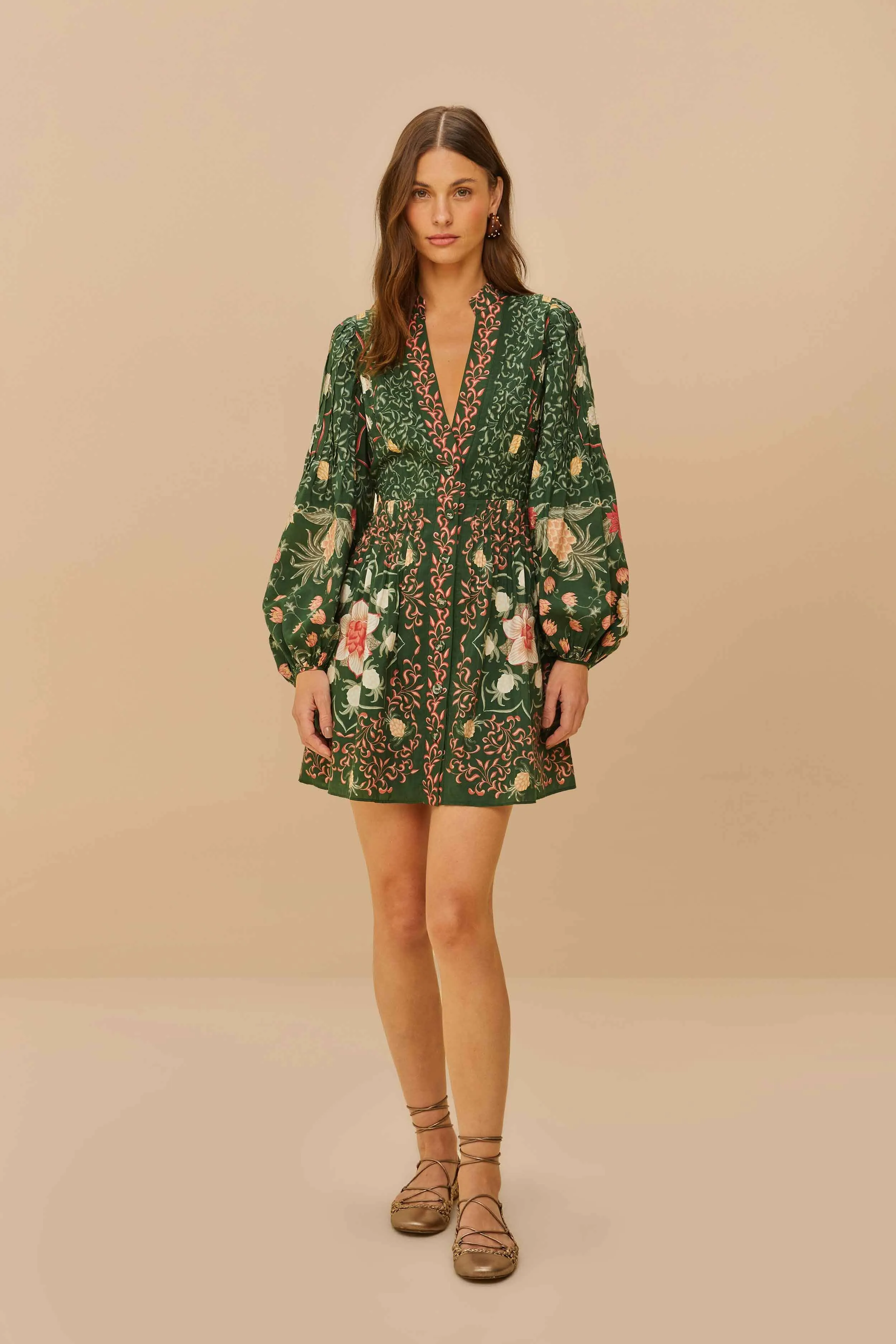 Timeless mini silhouette Green Pineapple Garden Long Sleeve Mini Dress