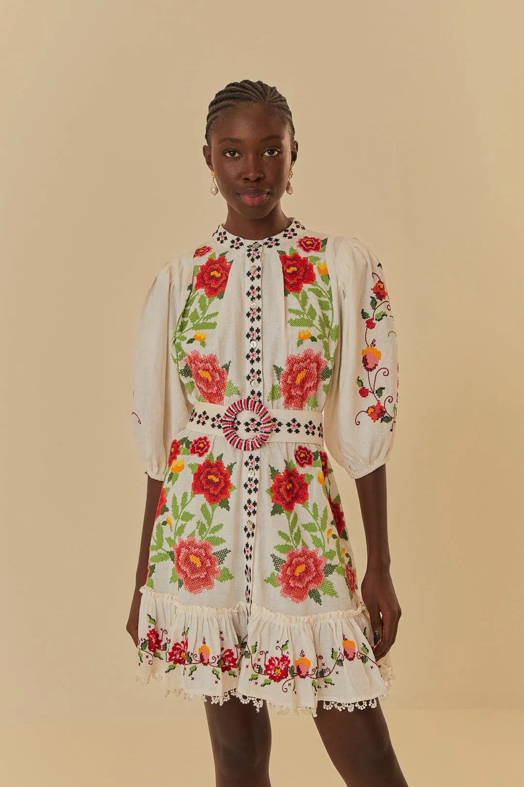 Off-White Embroidered Carmina Floral Short Sleeve Mini Dress Casual yet chic piece