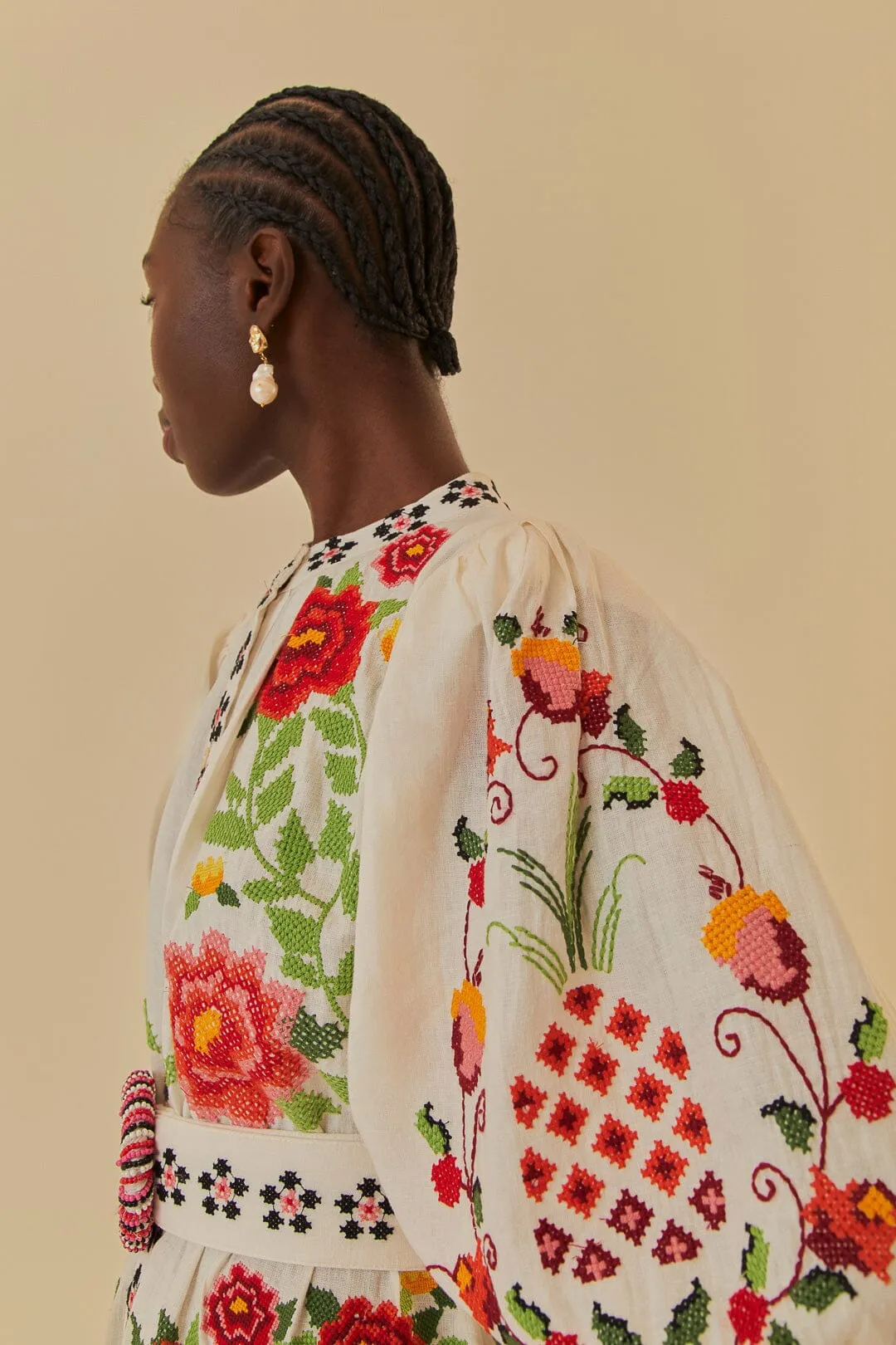 Off-White Embroidered Carmina Floral Short Sleeve Mini Dress Star Rush