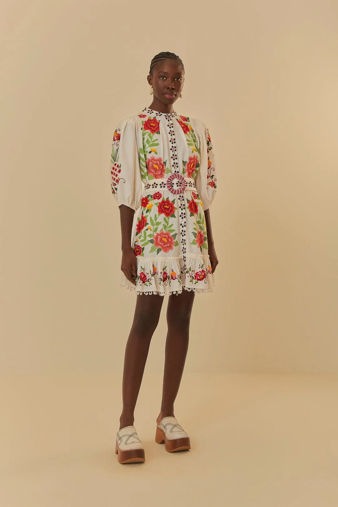 Off-White Embroidered Carmina Floral Short Sleeve Mini Dress On Trend Style Pop