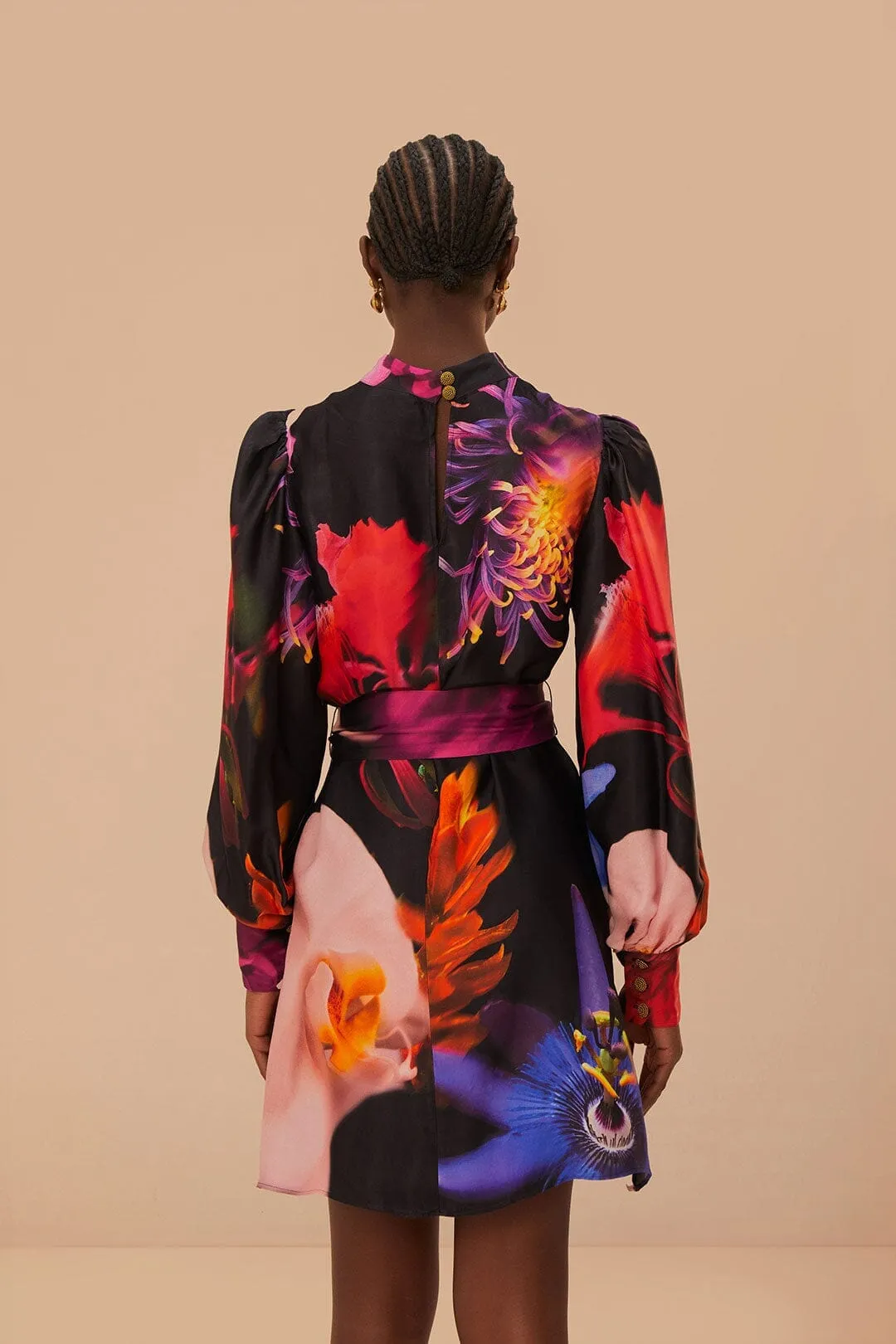 Blurry Floral Black Mini Dress Weighted Hem