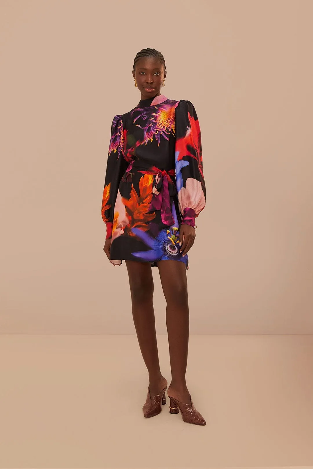 Stage Beat Vibrant Blurry Floral Black Mini Dress