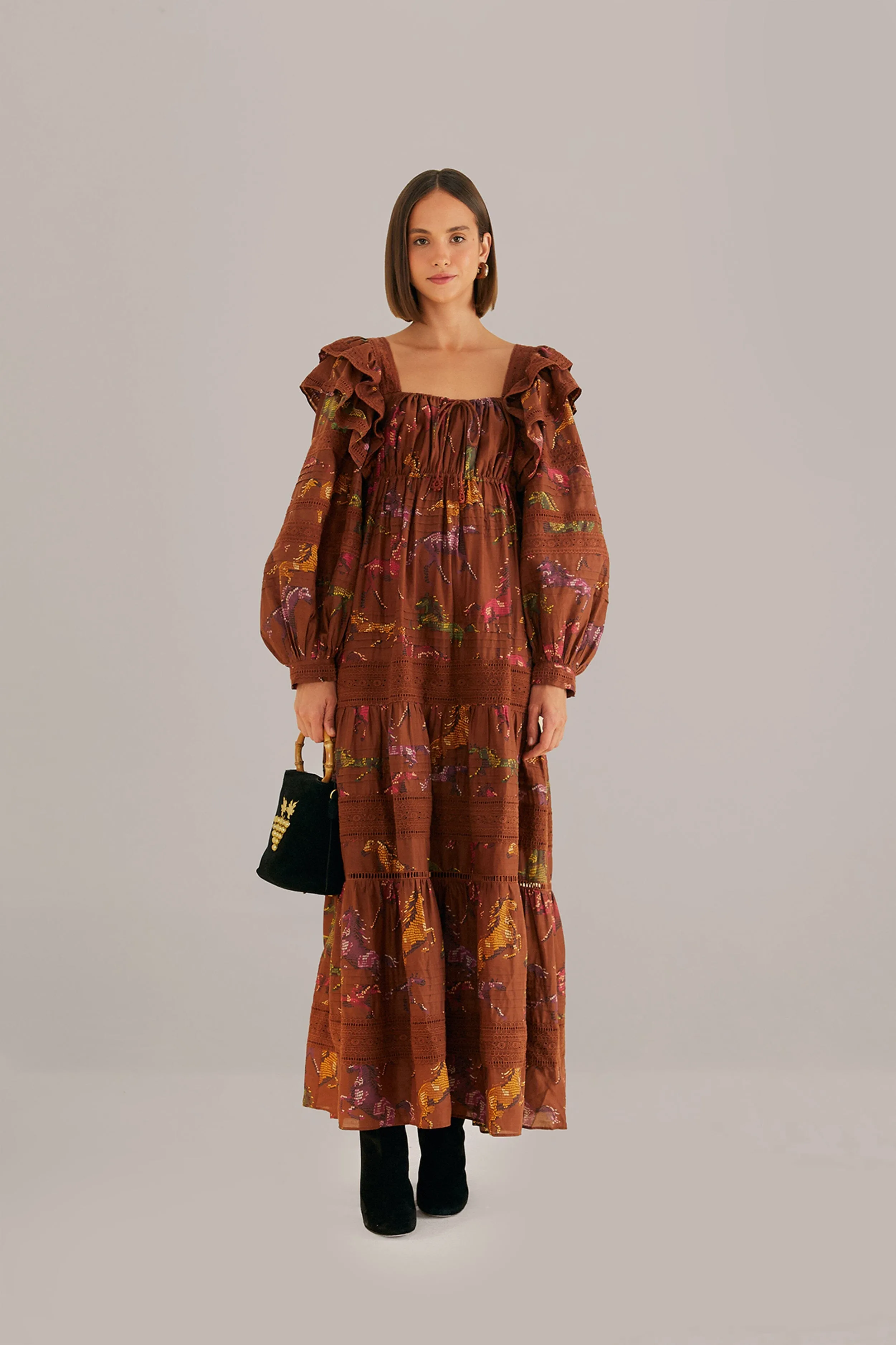 Pleat Glow Versatile event attire Brown Dotted Horses Maxi Dress
