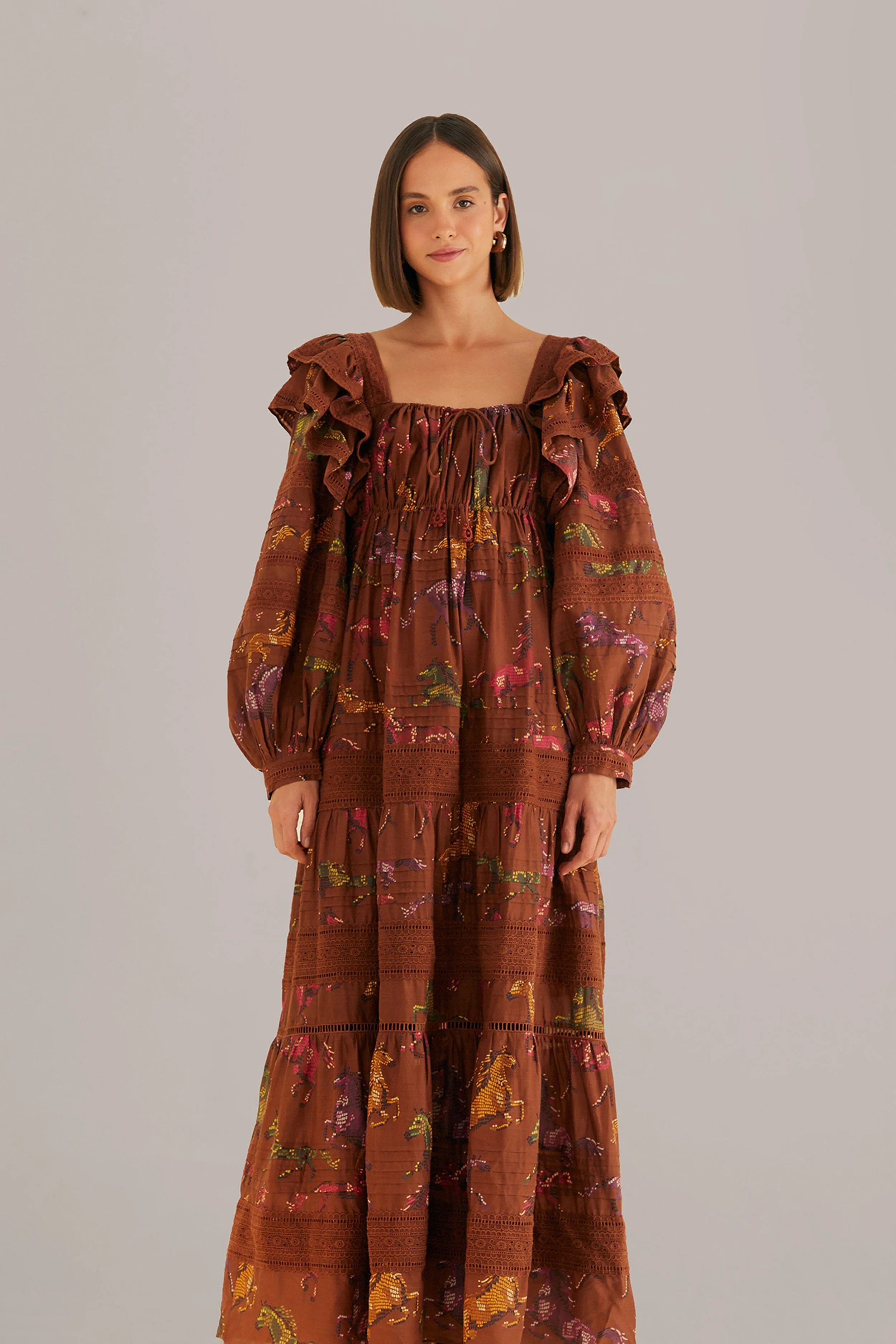 Brown Dotted Horses Maxi Dress Patch Work Star Trail