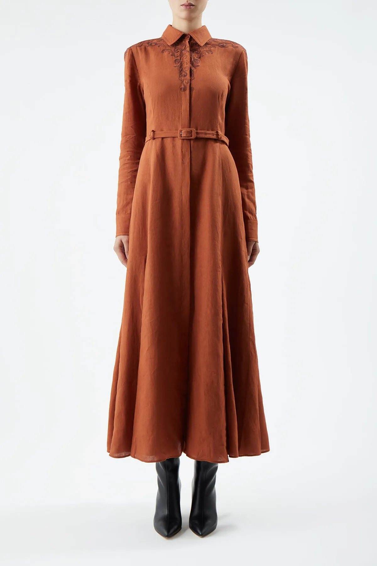 Mcgraw Embroidered Shirtdress in Red Clay Aloe Linen Easy Cool