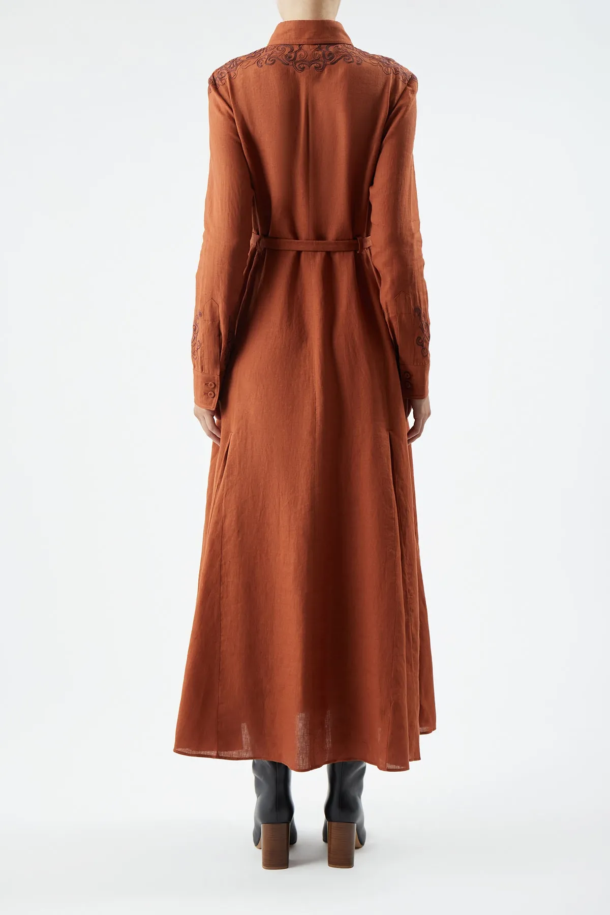 Night Charm AntiPillingTechnology Mcgraw Embroidered Shirtdress in Red Clay Aloe Linen