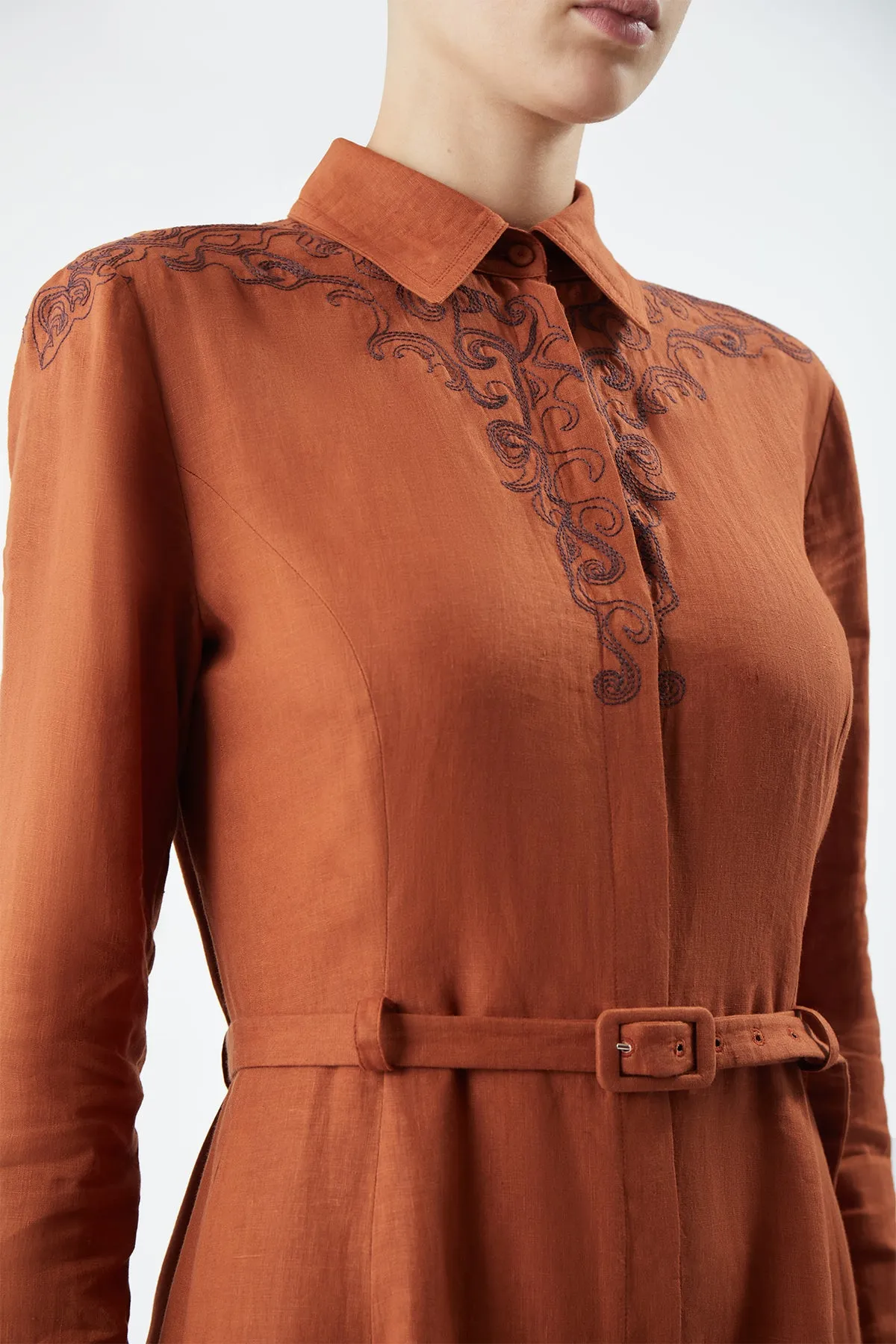 Mcgraw Embroidered Shirtdress in Red Clay Aloe Linen Virtual Mode