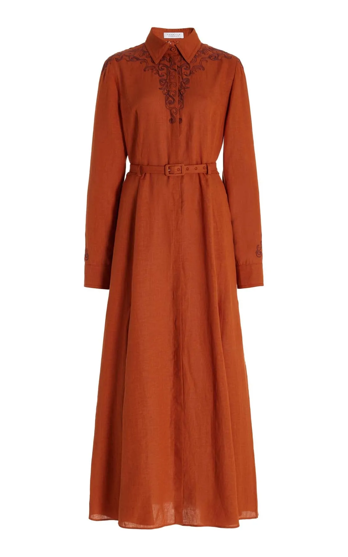 MultiPocket Breathable mesh lining Mcgraw Embroidered Shirtdress in Red Clay Aloe Linen