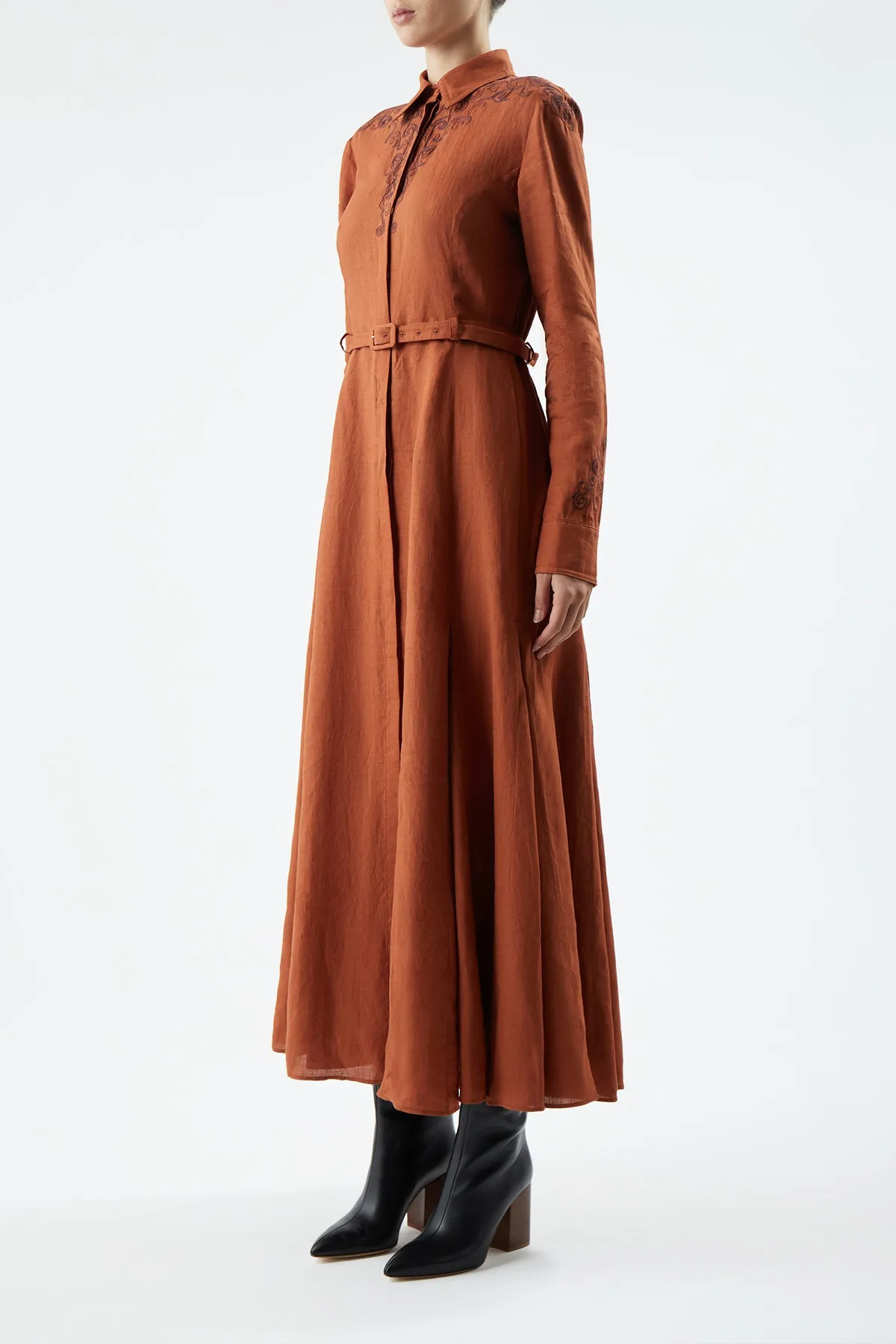 Mcgraw Embroidered Shirtdress in Red Clay Aloe Linen Hero Tale