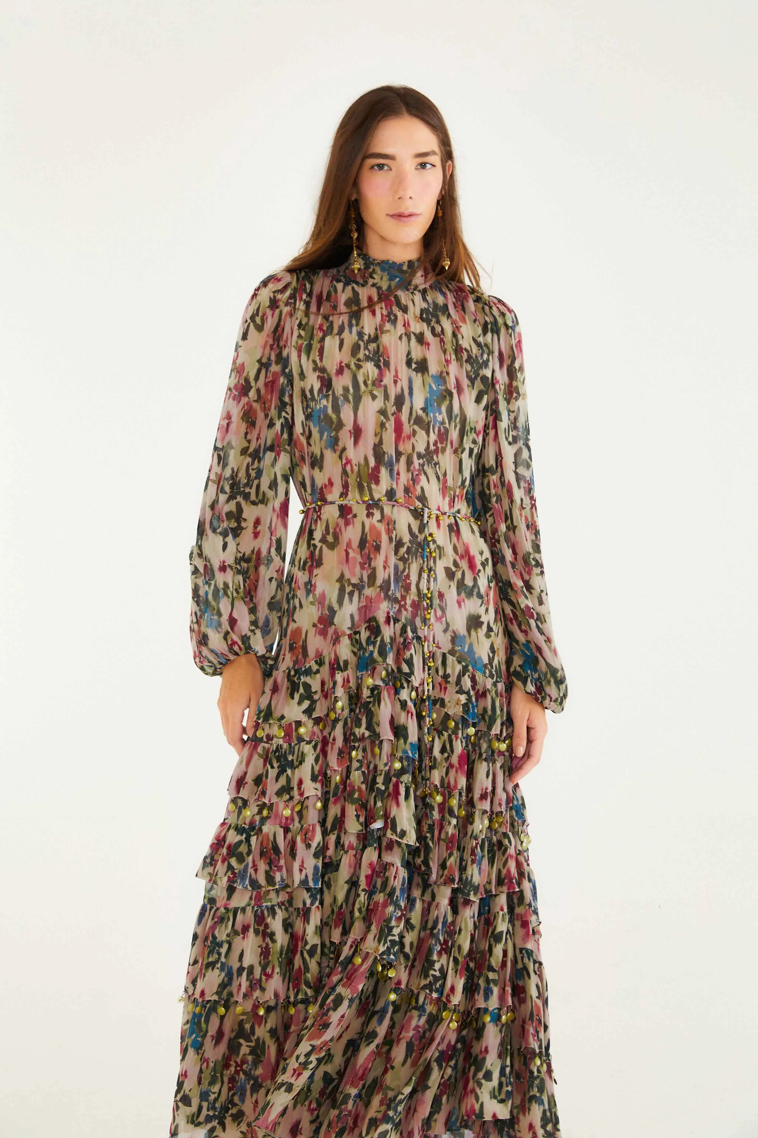 Print Art Fantasy Touch Pink Blurred Tiny Flowers Long Sleeve Maxi Dress