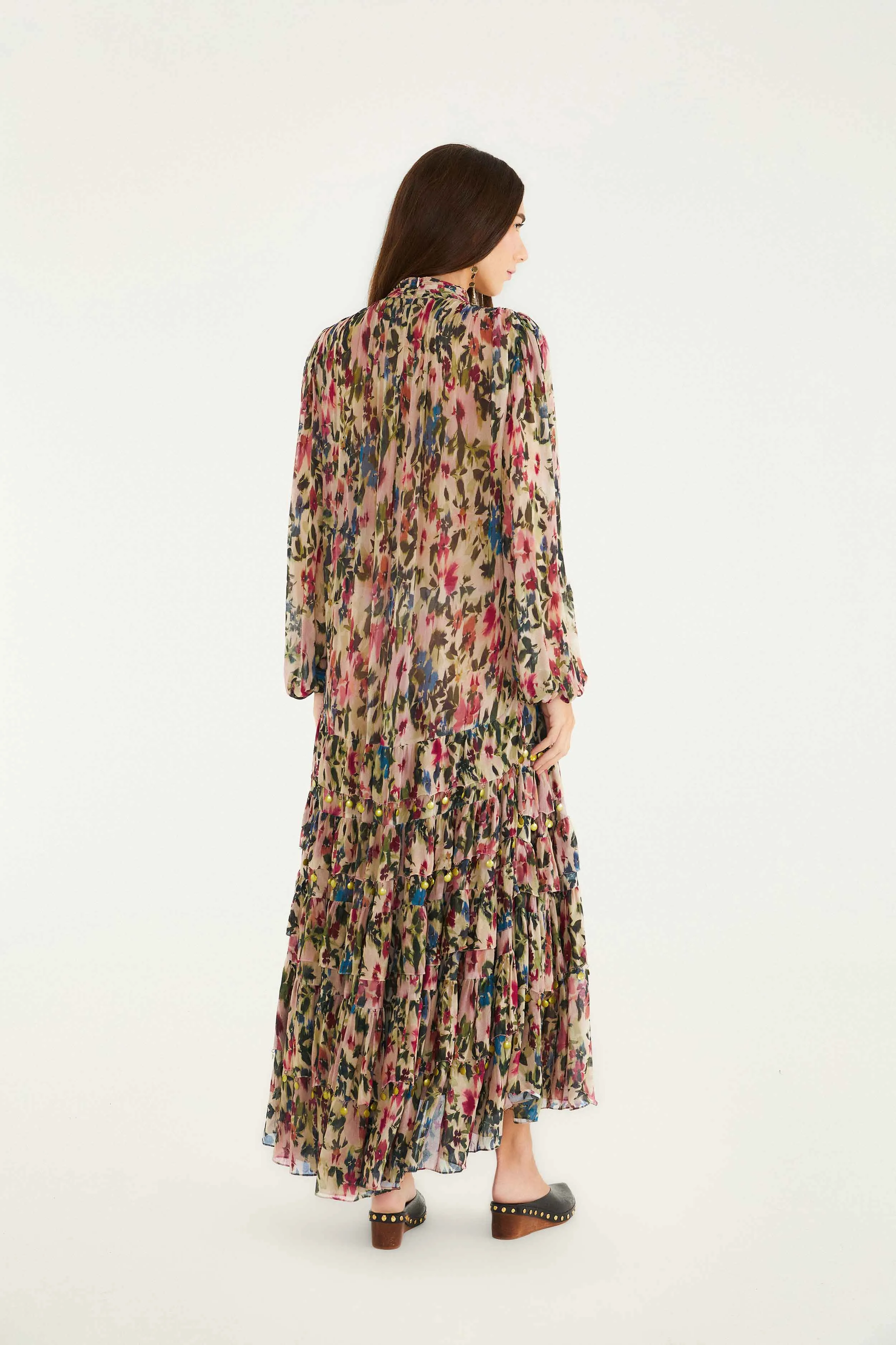 Pink Blurred Tiny Flowers Long Sleeve Maxi Dress Weave Glow The relaxed fit of this maxi dress offers a casual yet elegant appearance for any occasion