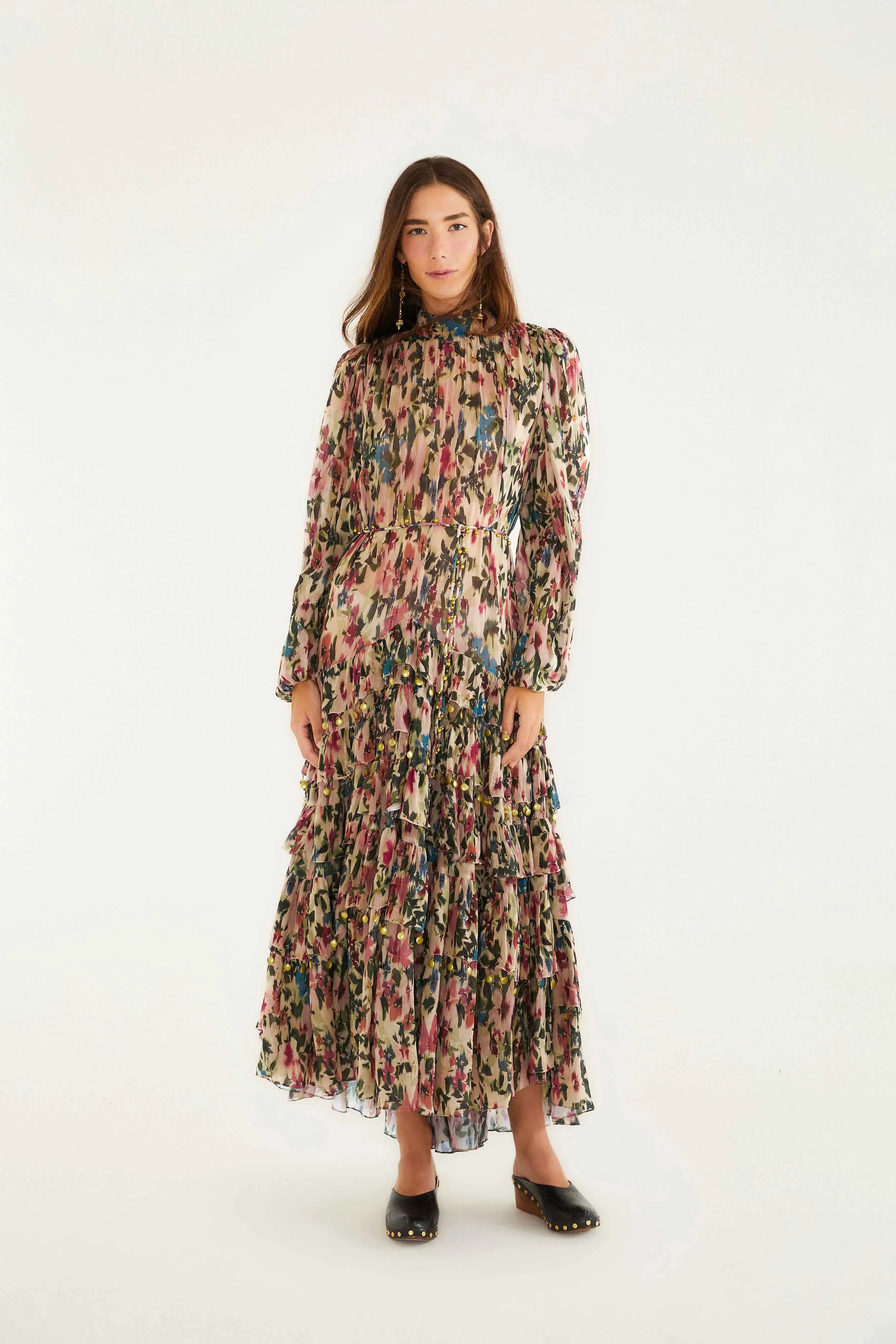 Pink Blurred Tiny Flowers Long Sleeve Maxi Dress One shoulder