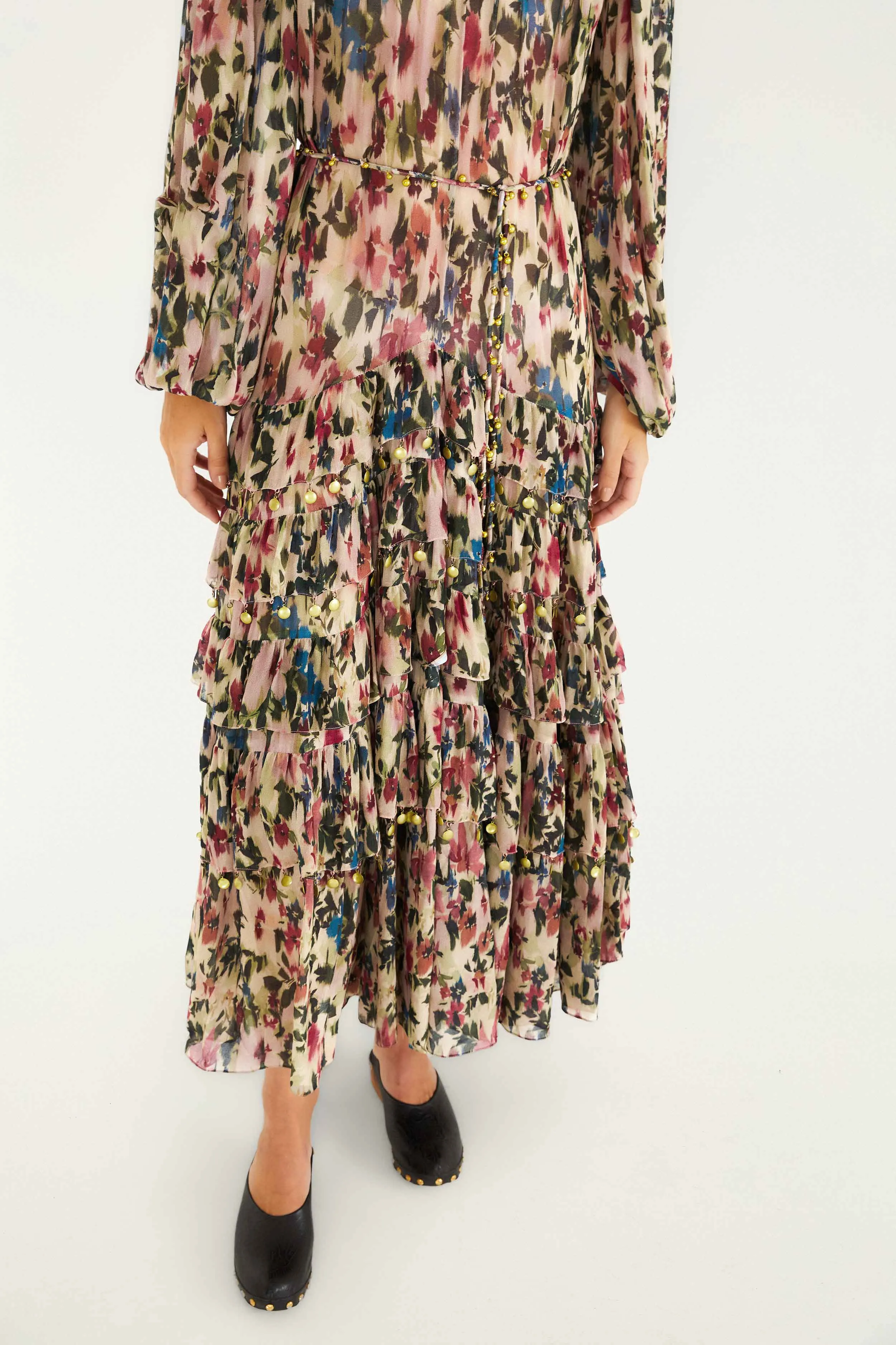 Wedding guest Pearl Glow Pink Blurred Tiny Flowers Long Sleeve Maxi Dress