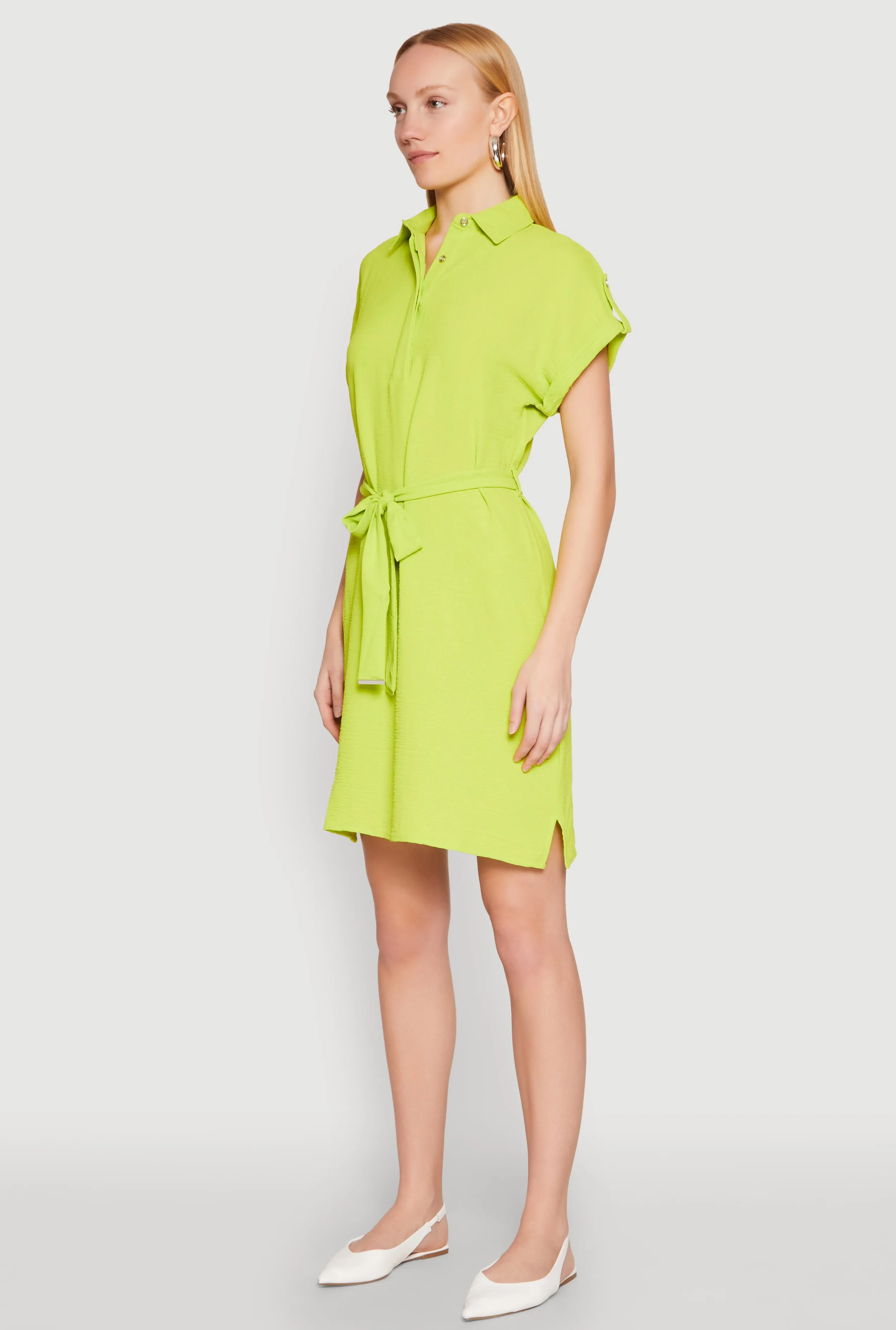 Scene Pop Crepe Knit Tie Waist Belted Shirt Dress