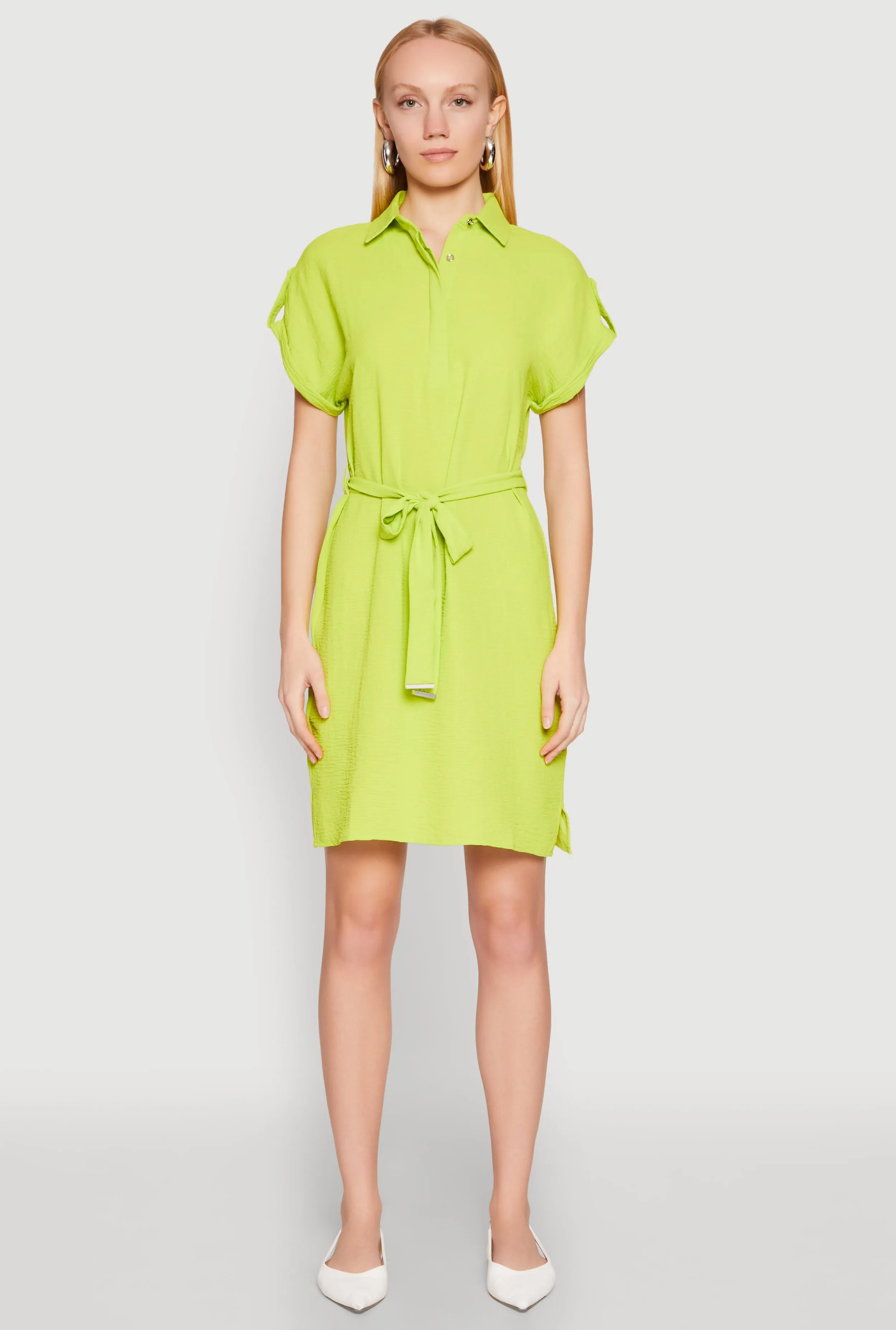 City Shine Flash Mode Crepe Knit Tie Waist Belted Shirt Dress