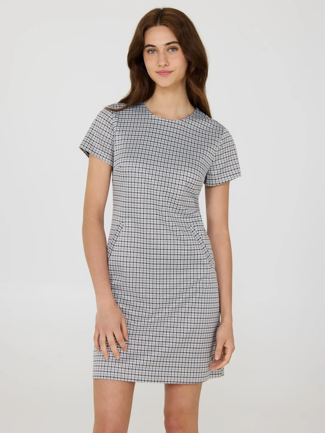 Houndstooth Short Sleeve Mini Dress Gathered Waist Technique