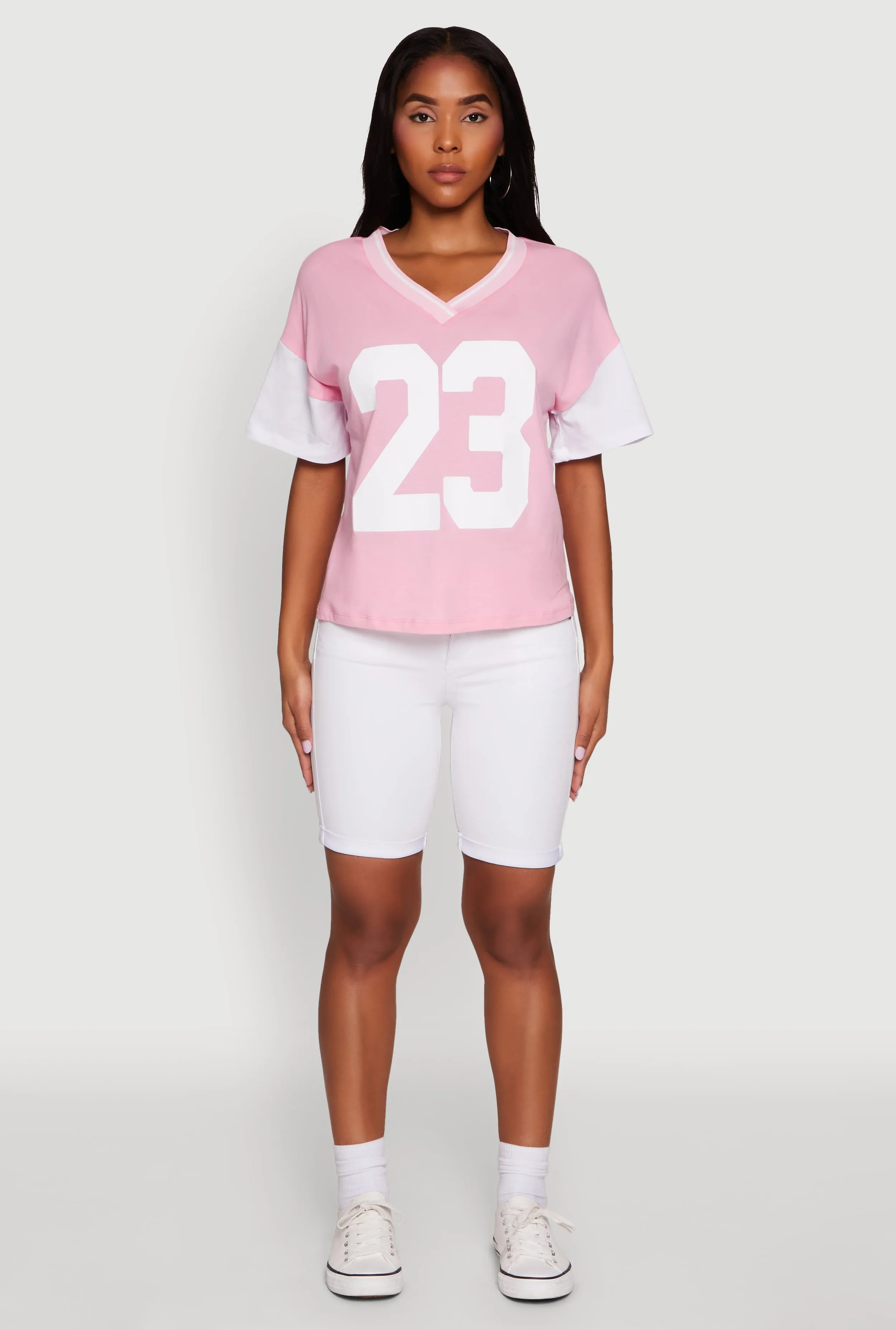 Minimalist Apparel Trendy 23 Graphic V Neck Baseball Tee