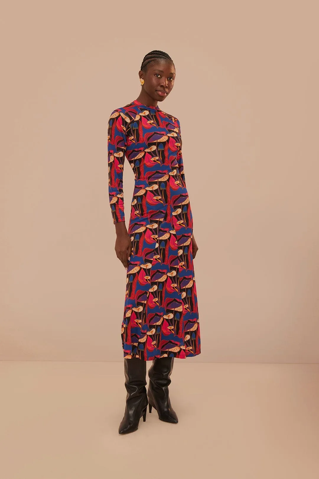 Wild Mushrooms Black Jersey Midi Dress Easy Fashion Rain Safe
