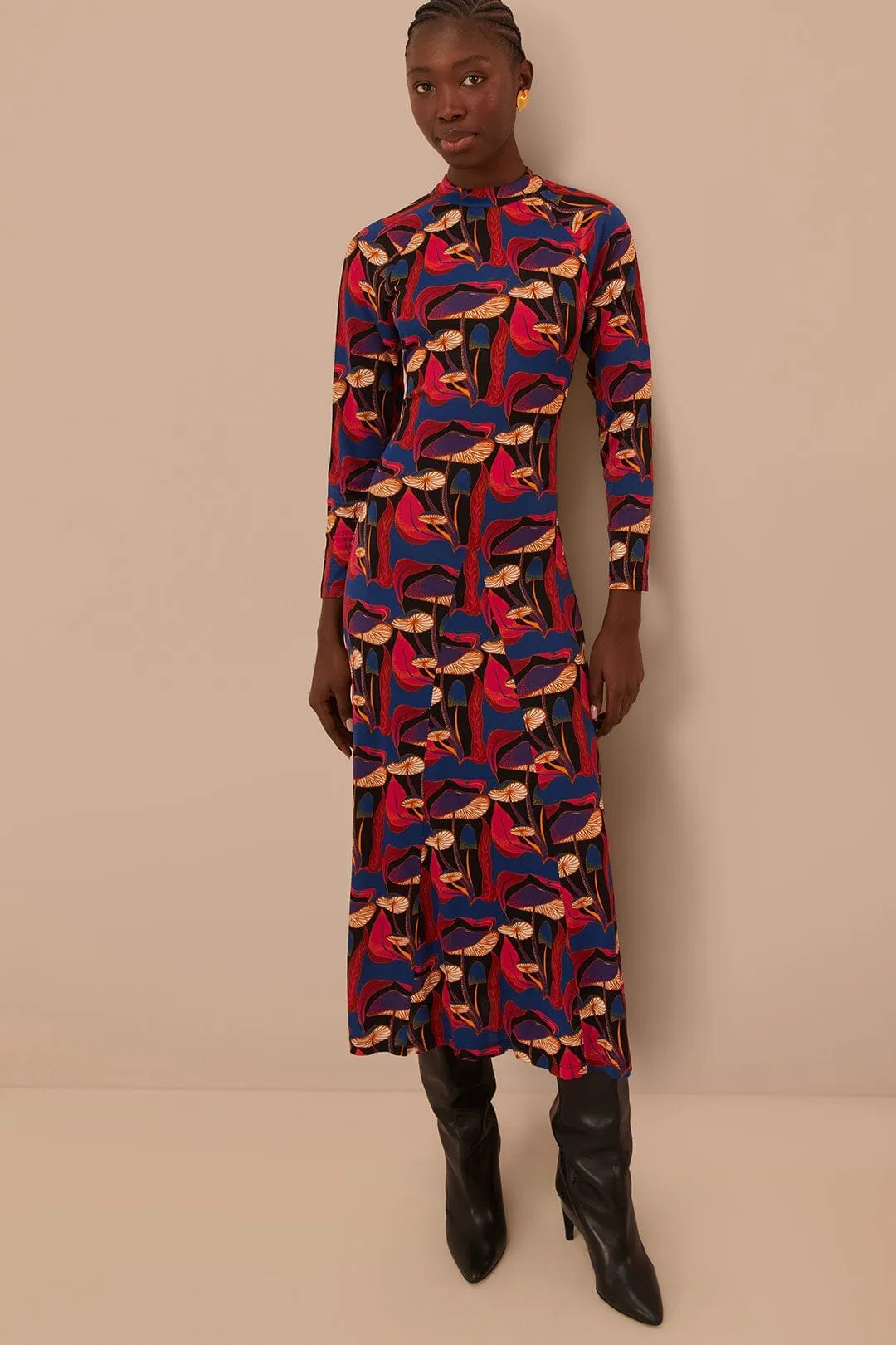 Form Hugging Wild Mushrooms Black Jersey Midi Dress