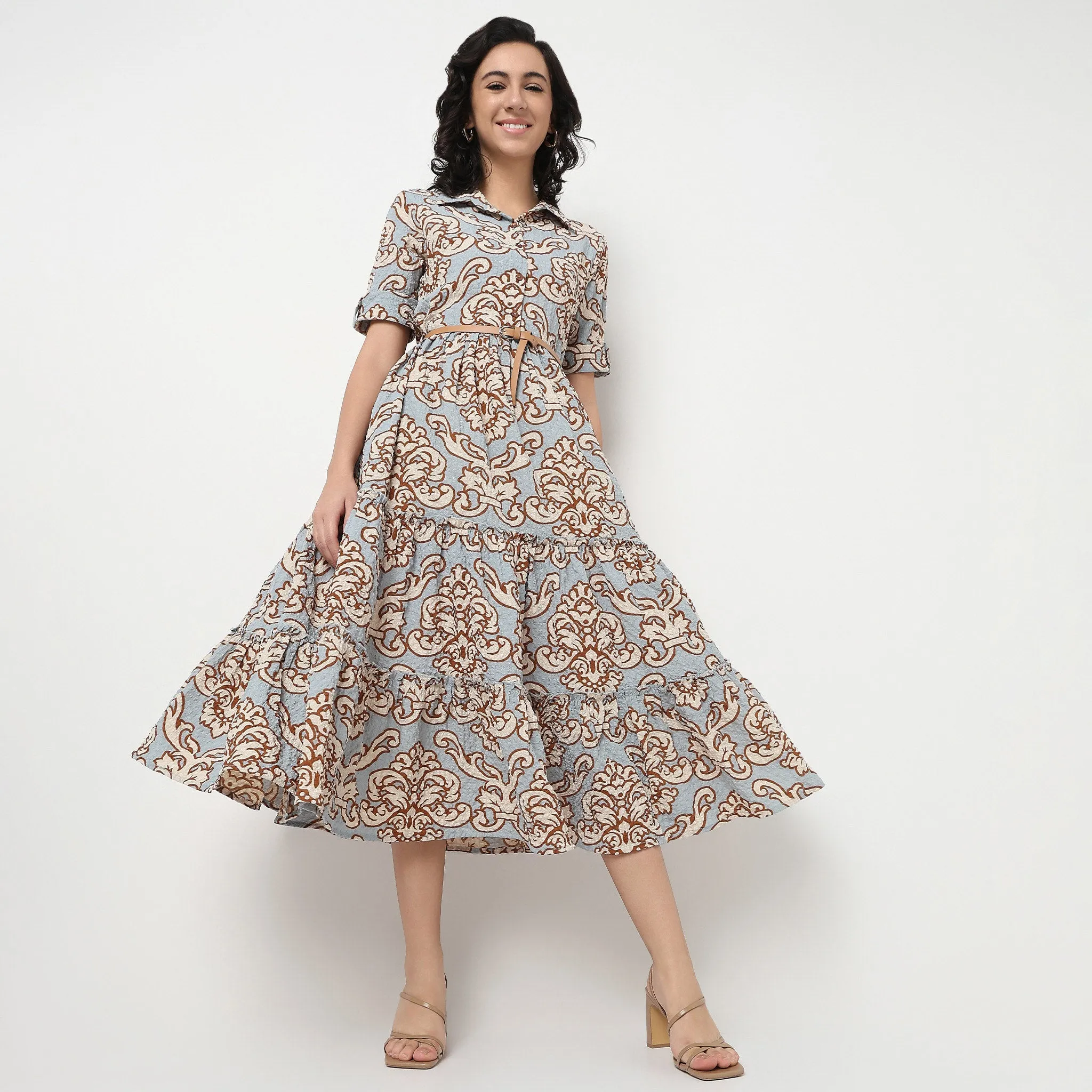 Concert Vibe Wool Fit Camp Collar Tiered Floral Dress
