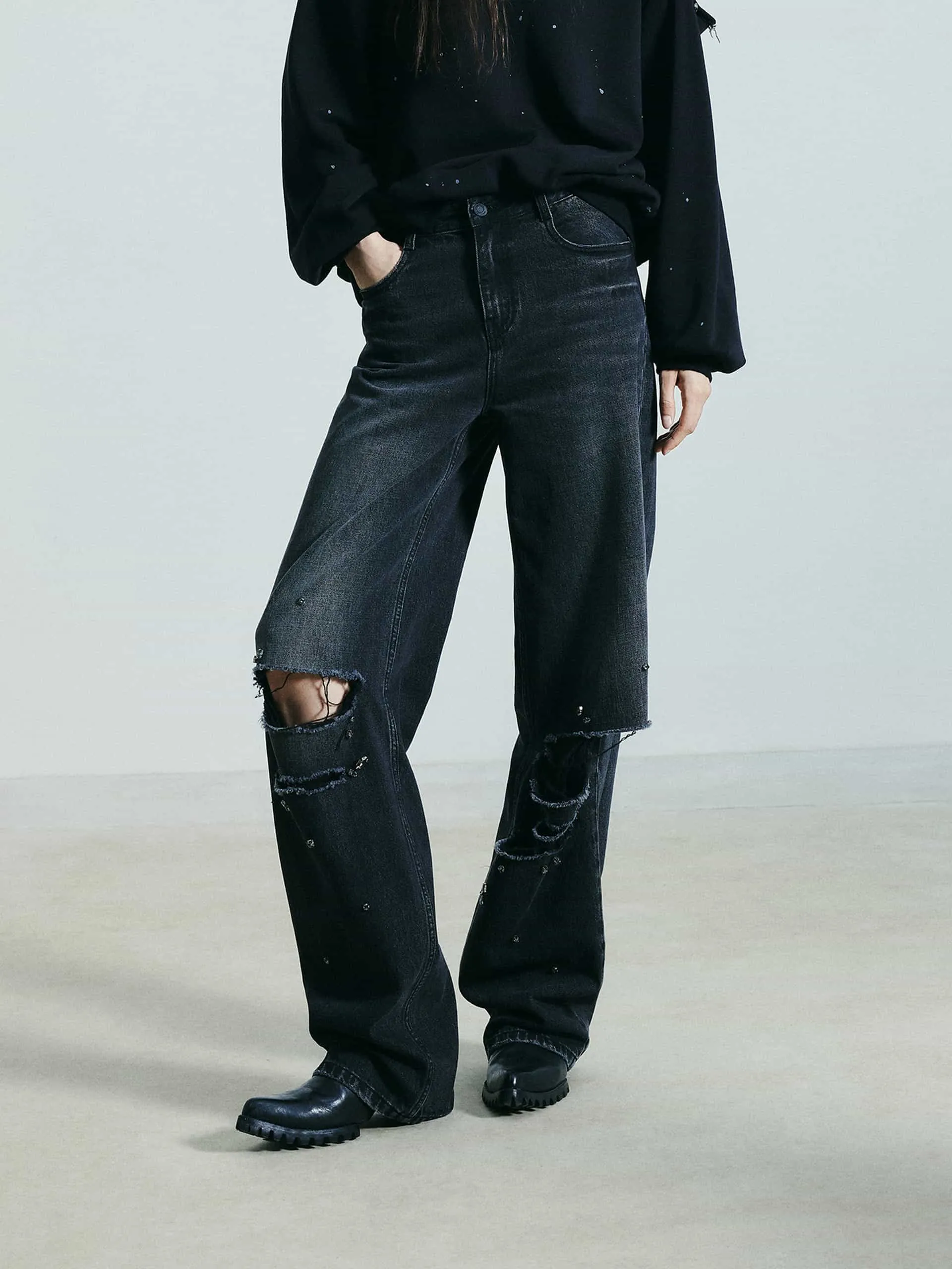 Daily Style Beading Detail Ripped Jeans