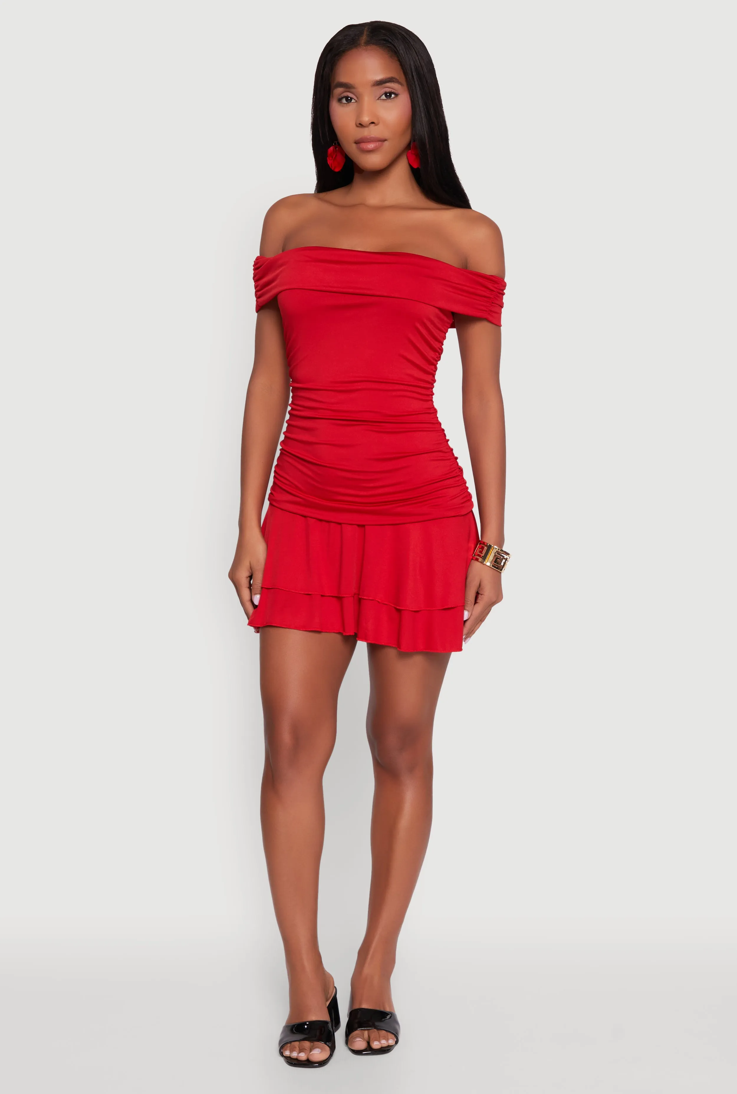 Off the Shoulder Ruched Tiered Bodycon Dress Bright-colored mini