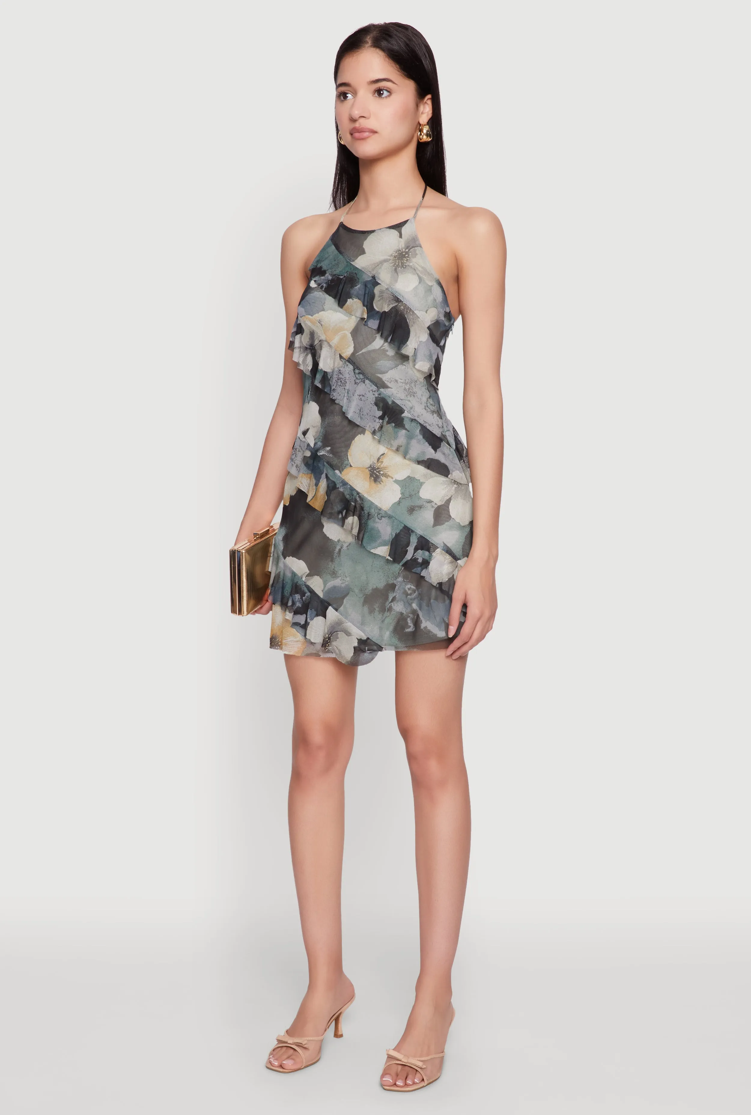 Asymmetrical Ruffle Floral Halter Mini Dress Versatile Style Summer Wear