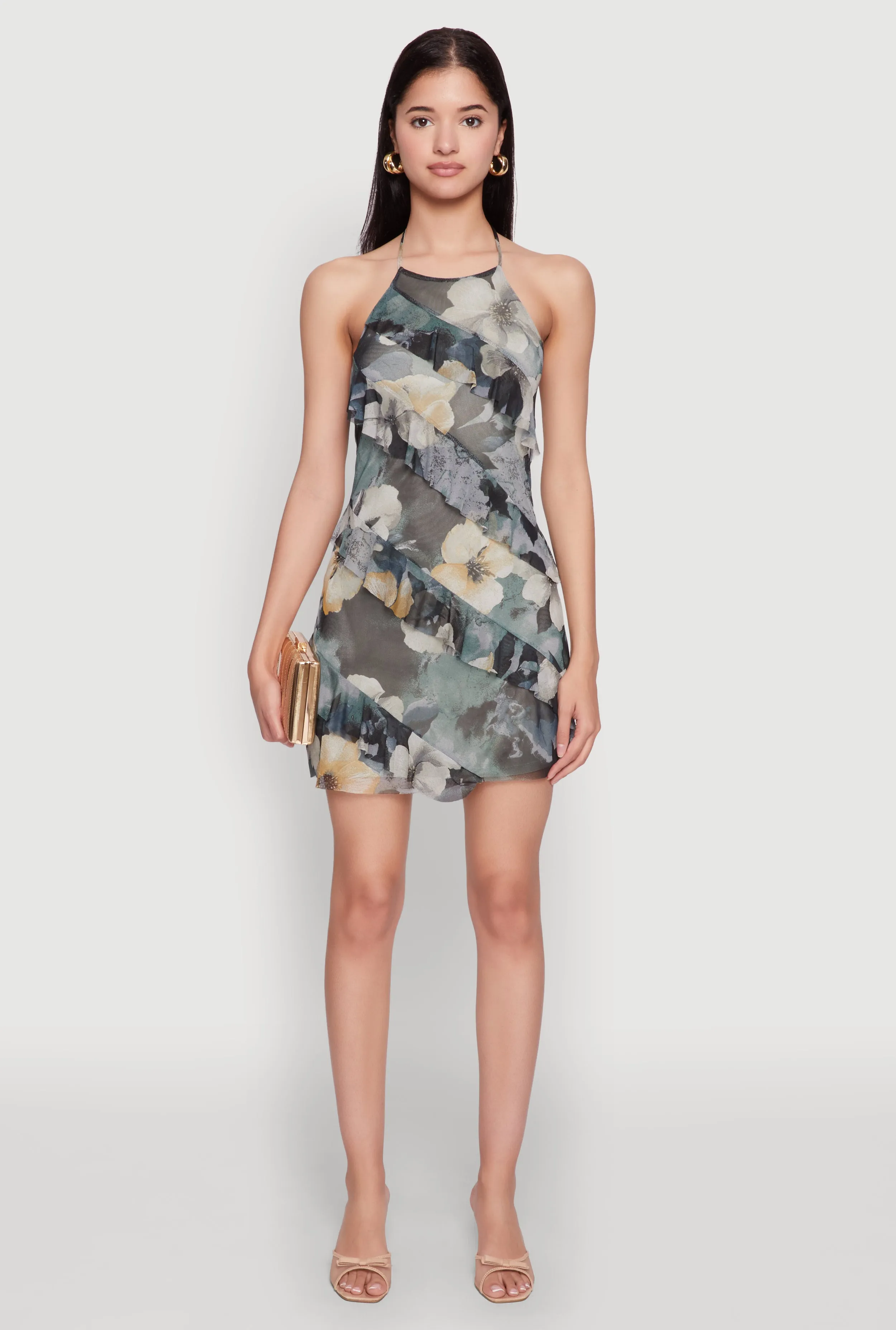 Lightweight party mini Day Wear Asymmetrical Ruffle Floral Halter Mini Dress
