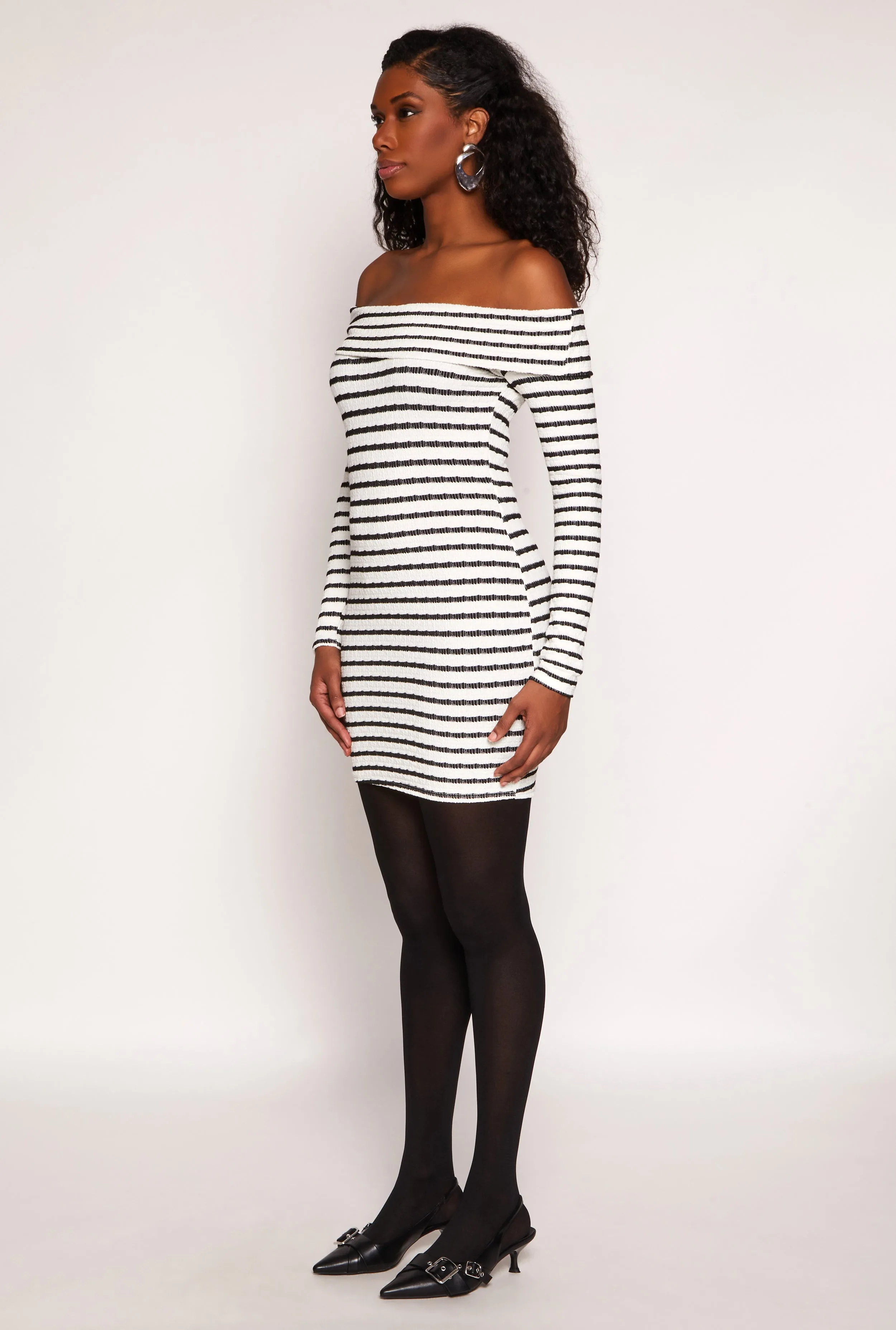 Textured Knit Striped Off The Shoulder Dress Sheer Glam Scene Rush