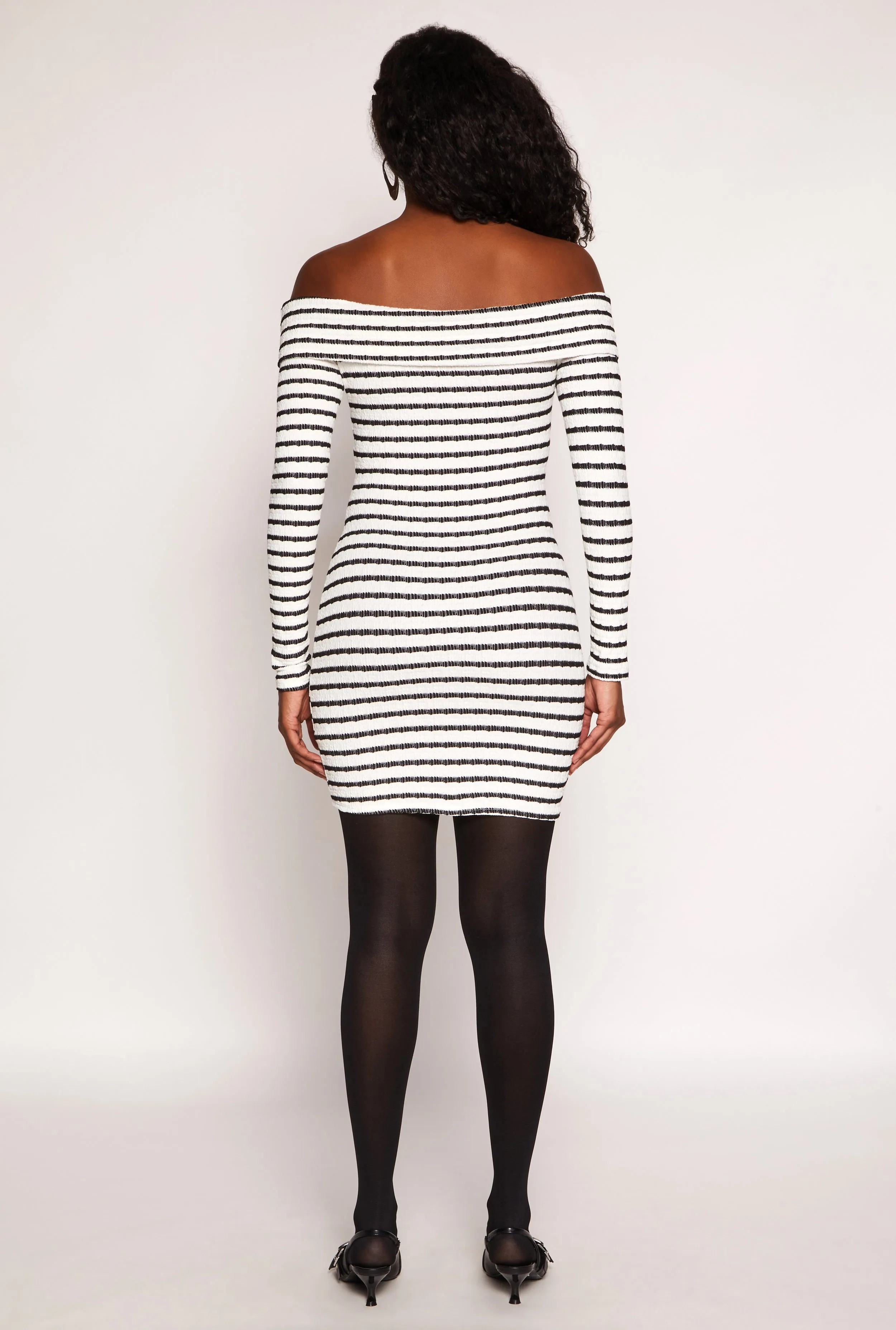 Textured Knit Striped Off The Shoulder Dress Shine Mode Stage Heat