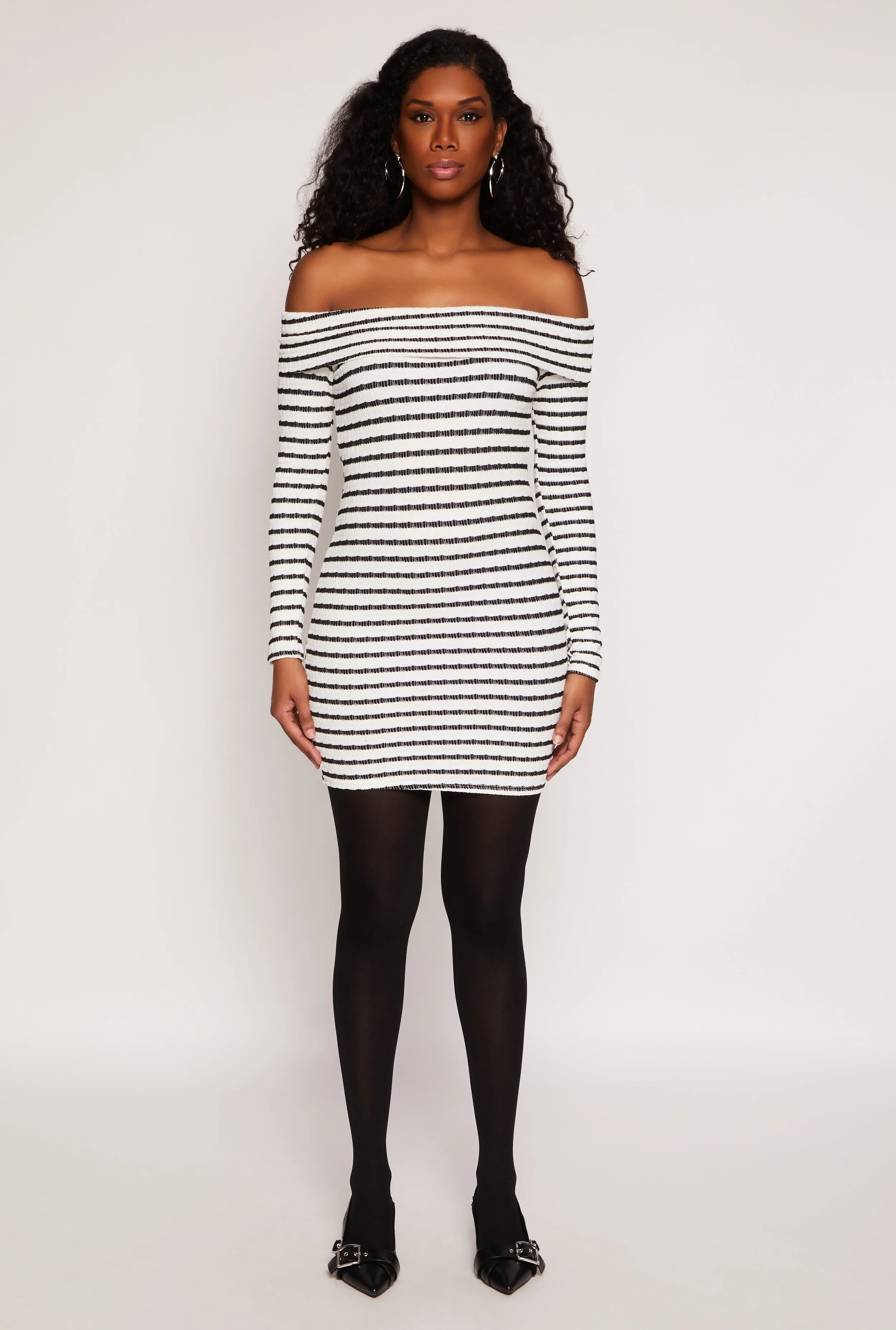 Casual stylish short dress Comfort Fit Textured Knit Striped Off The Shoulder Dress