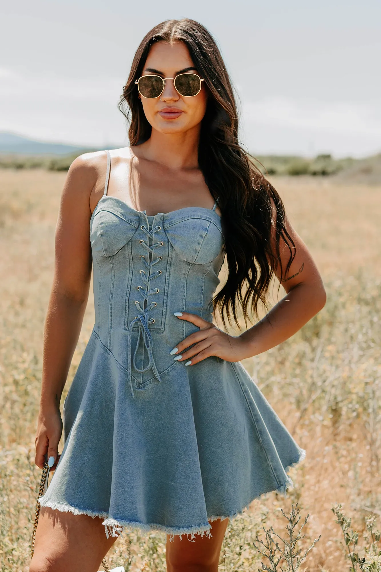 Watch Her Rise Sleeveless Denim Mini Dress (Denim) Cross Back Support Design Simple Vibe