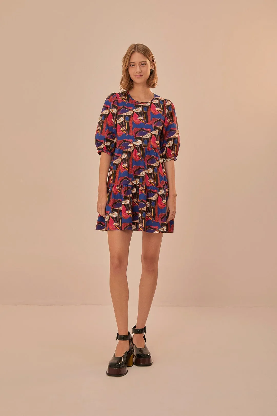 Wild Mushrooms Black Puff Sleeve Mini Dress Relaxed Contour