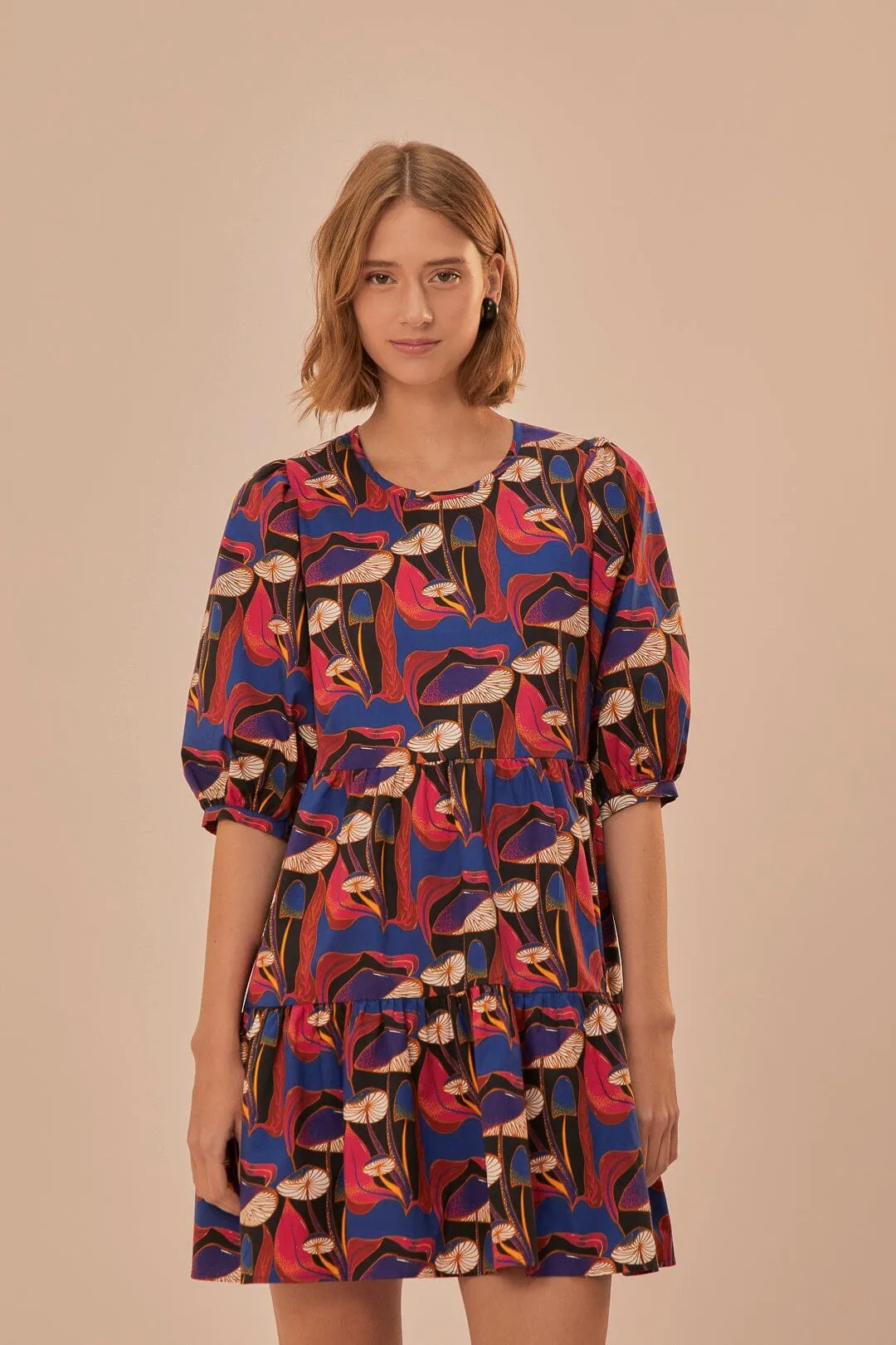 City Shine Youthful Design Wild Mushrooms Black Puff Sleeve Mini Dress