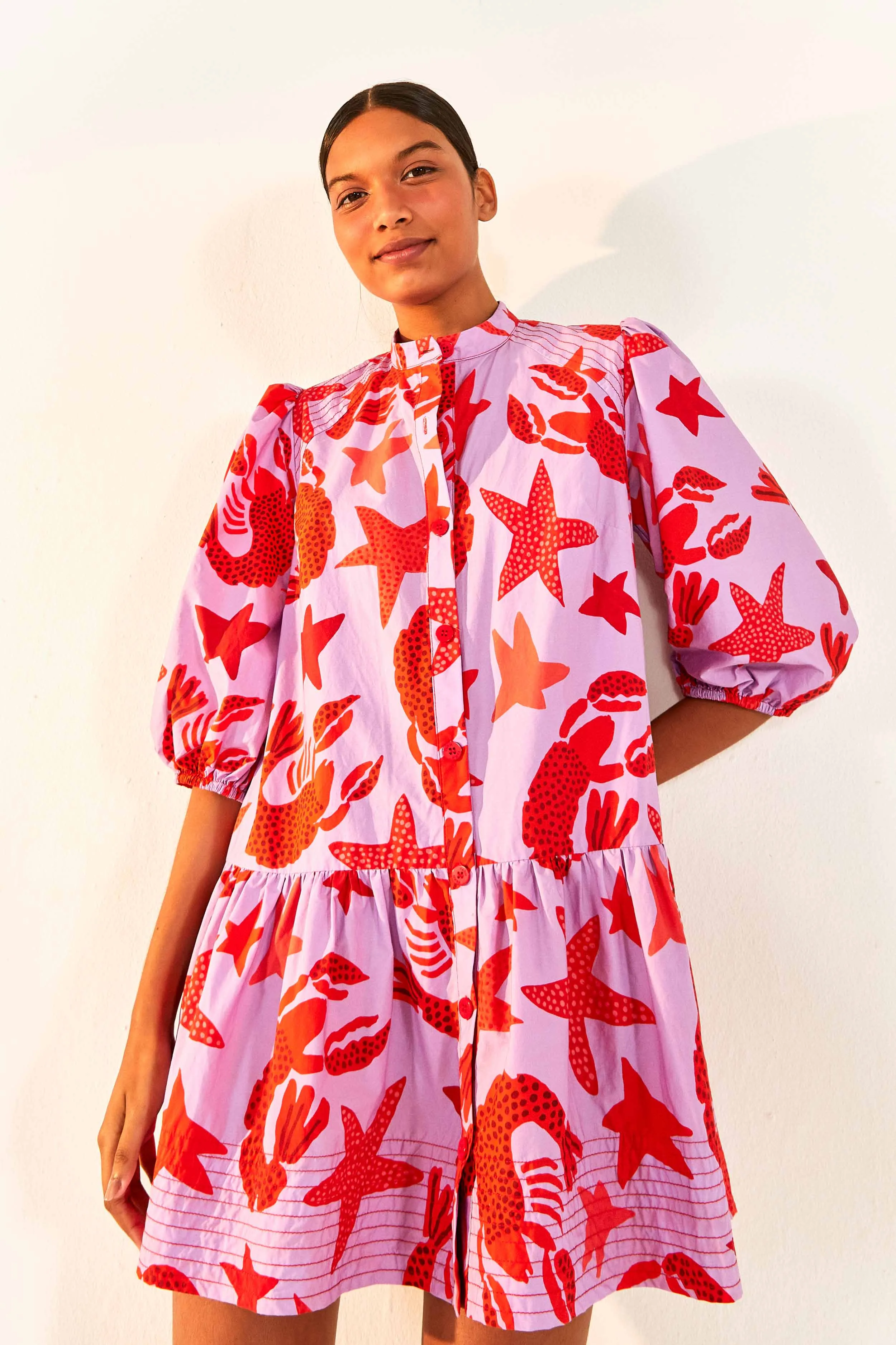 Elasticized Cuff Design Lobster Sky Mini Dress