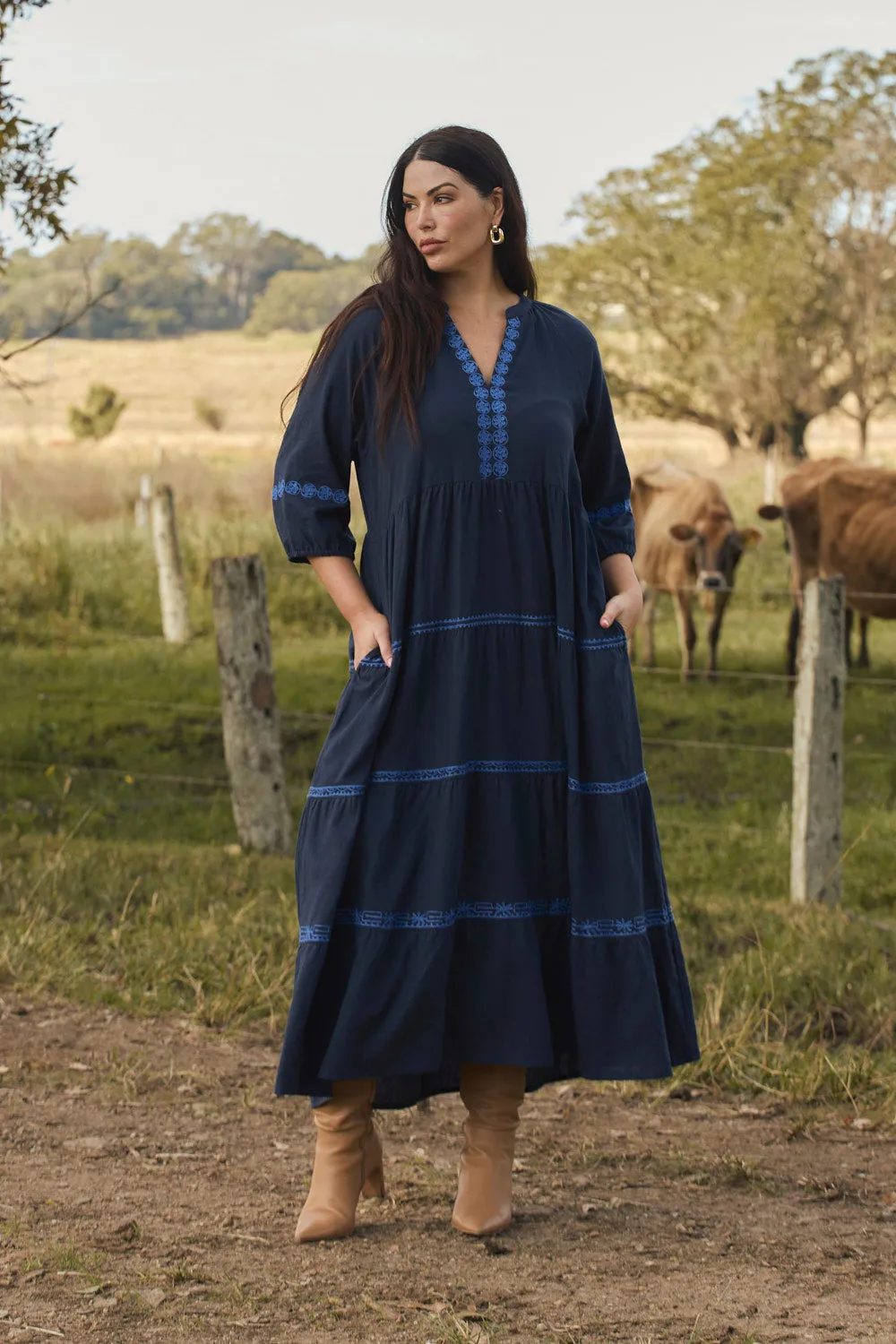 Fashionable long silhouette Savannah Maxi Dress in Navy Old Lace