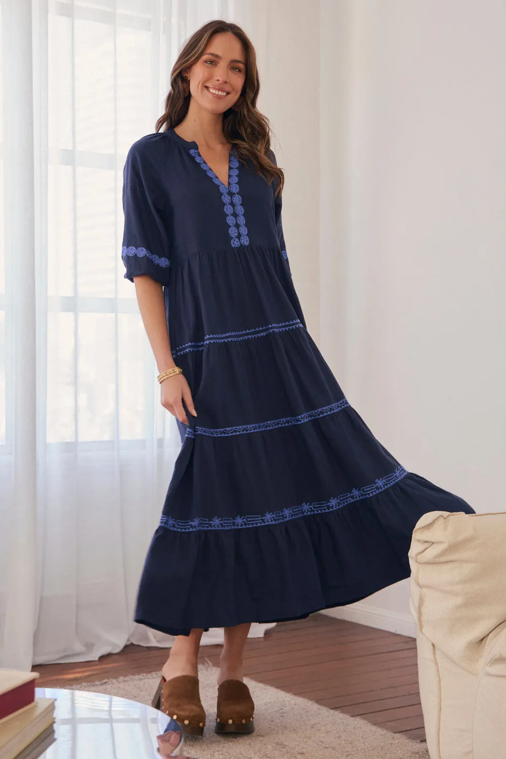 Savannah Maxi Dress in Navy Old Lace Designed to suit all body types this dress provides a flattering fit for every figure