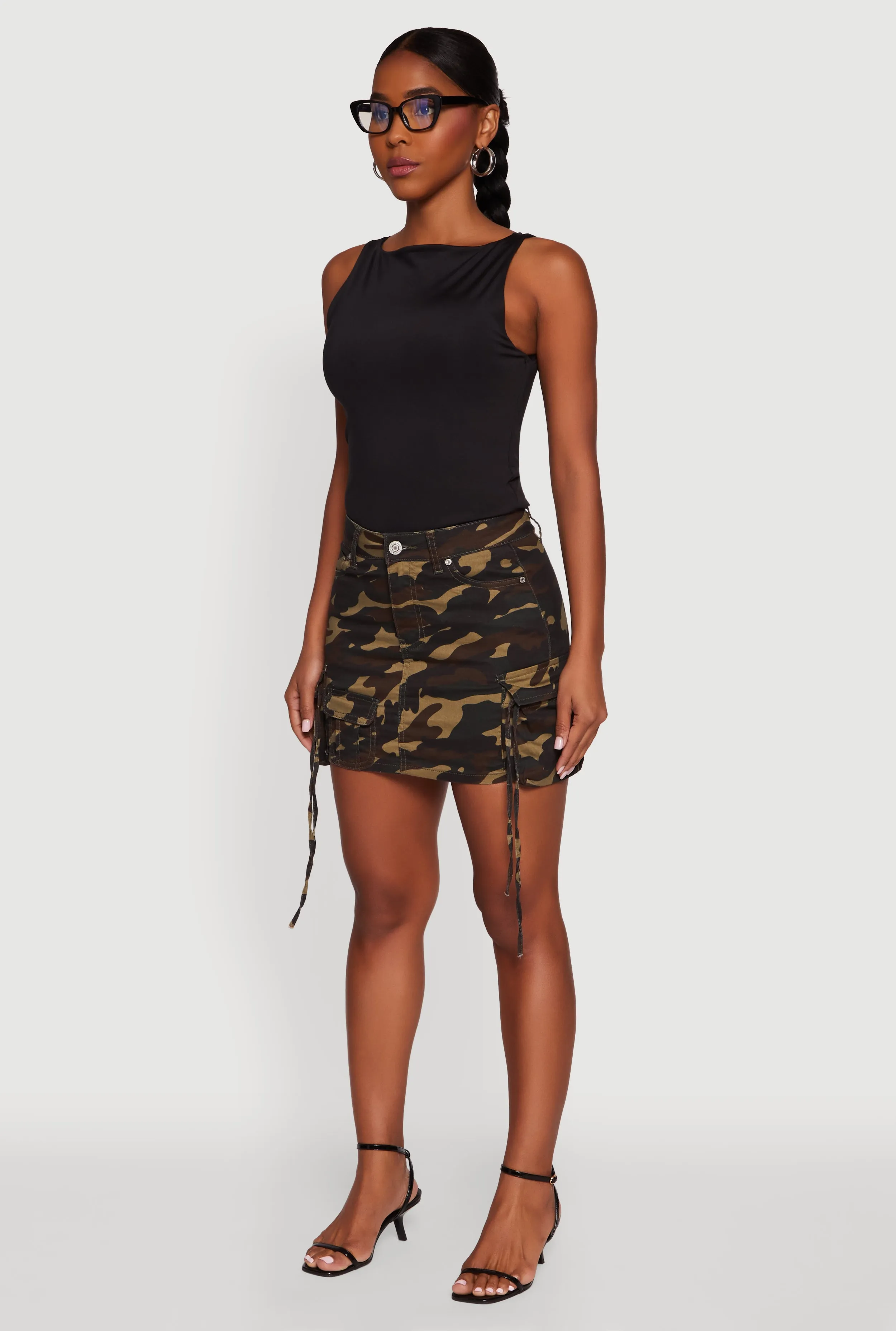 Two Tone Trim color block Camouflage Mini Skirt with Cargo Pockets