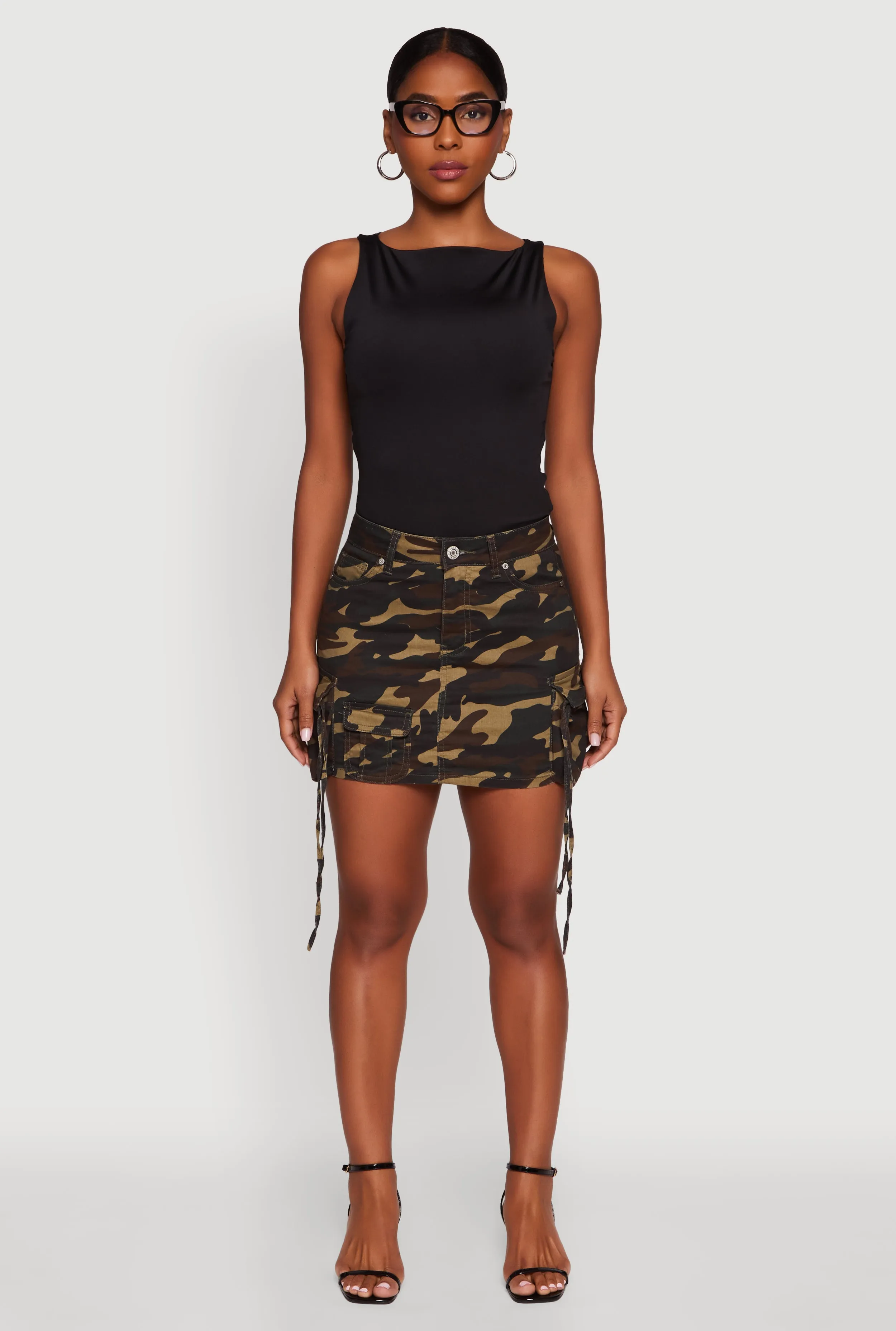 Biodegradable Fabric Camouflage Mini Skirt with Cargo Pockets