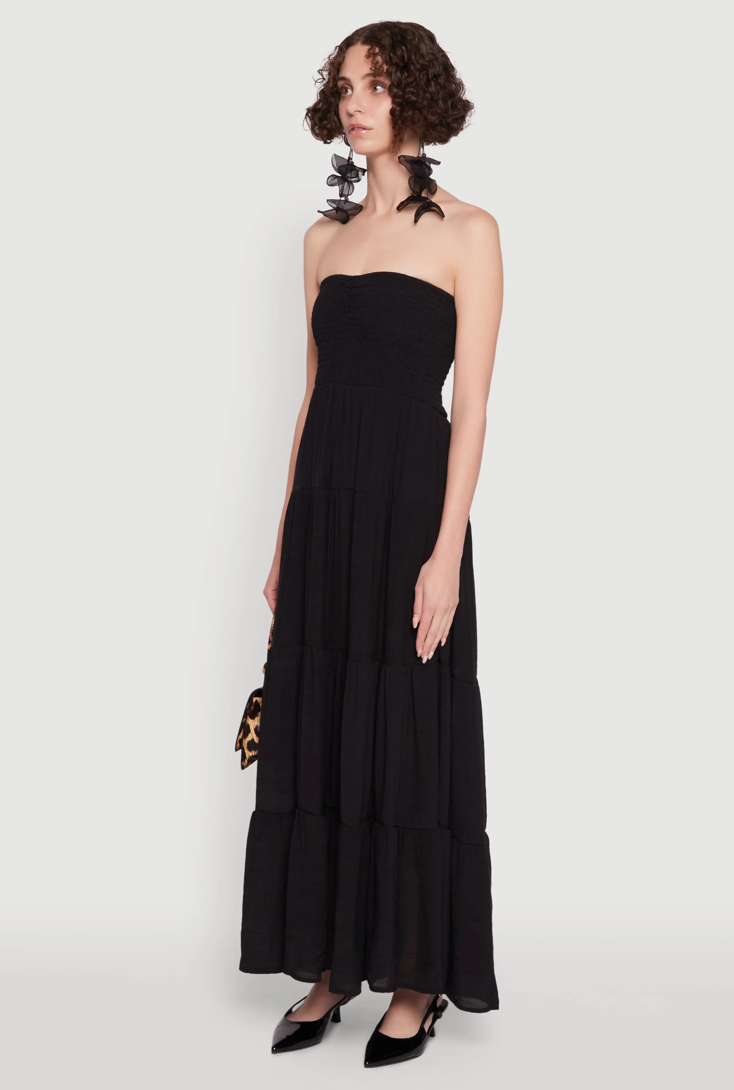 Elegant Strapless Smocked Tiered Dress Maple View This maxi dress can be worn with a variety of shoes and accessories to create a unique look